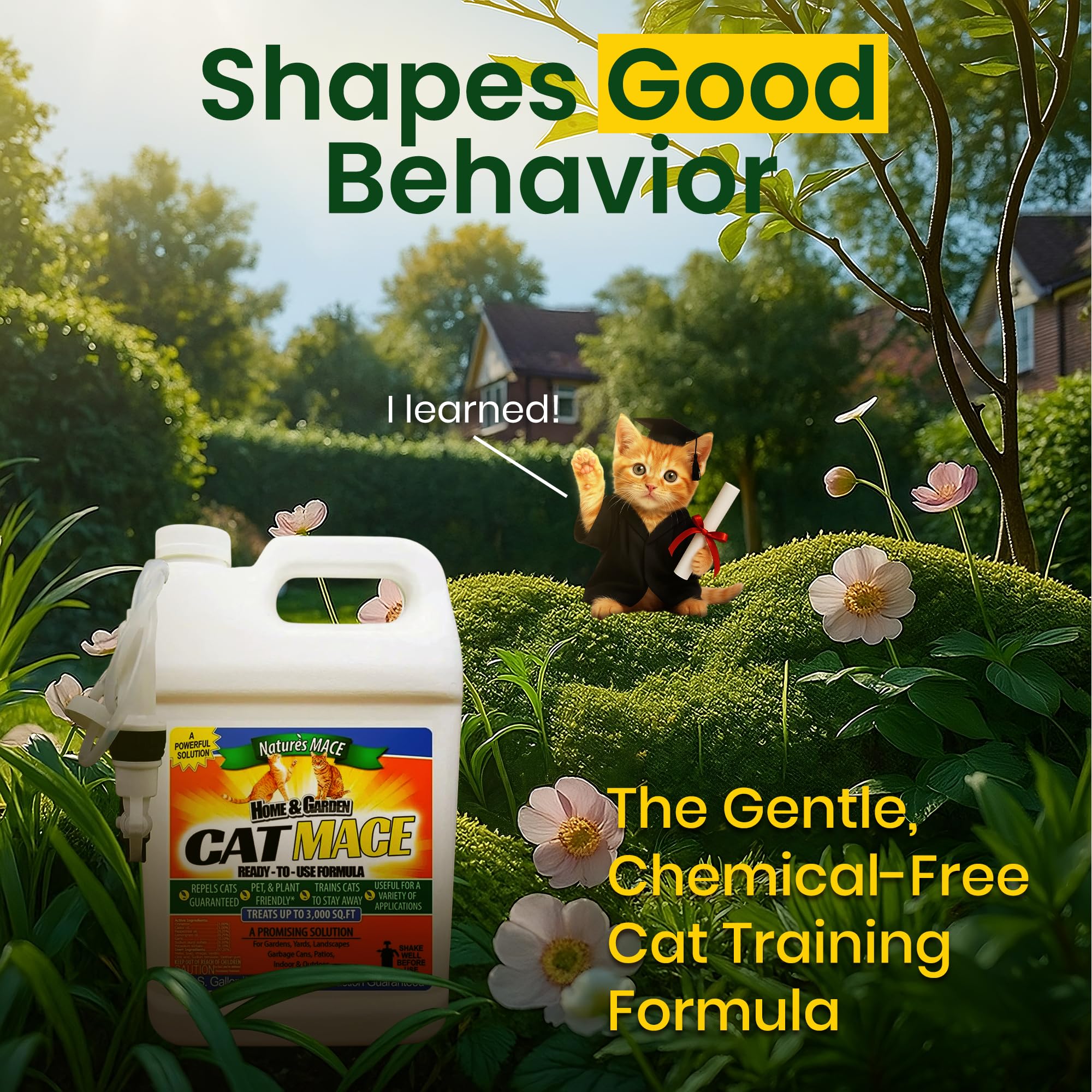 Nature's MACE cat deterrent spray over lawn covers large outdoor areas.