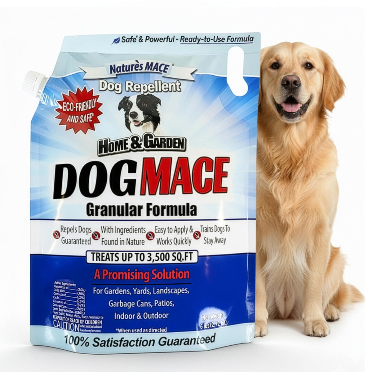 Nature's MACE Dog Mace granular repellent shown as 6 lb bag deterring dogs from treated areas.