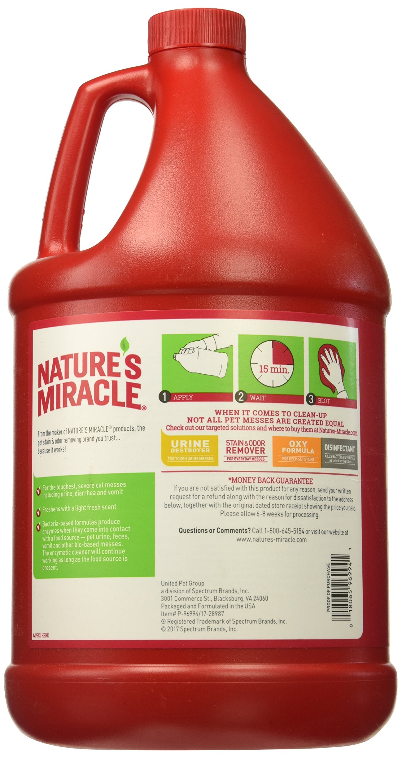 Nature’s Miracle Advanced Stain & Odor Eliminator bottle pour demonstrates easy application for quick cleanups.