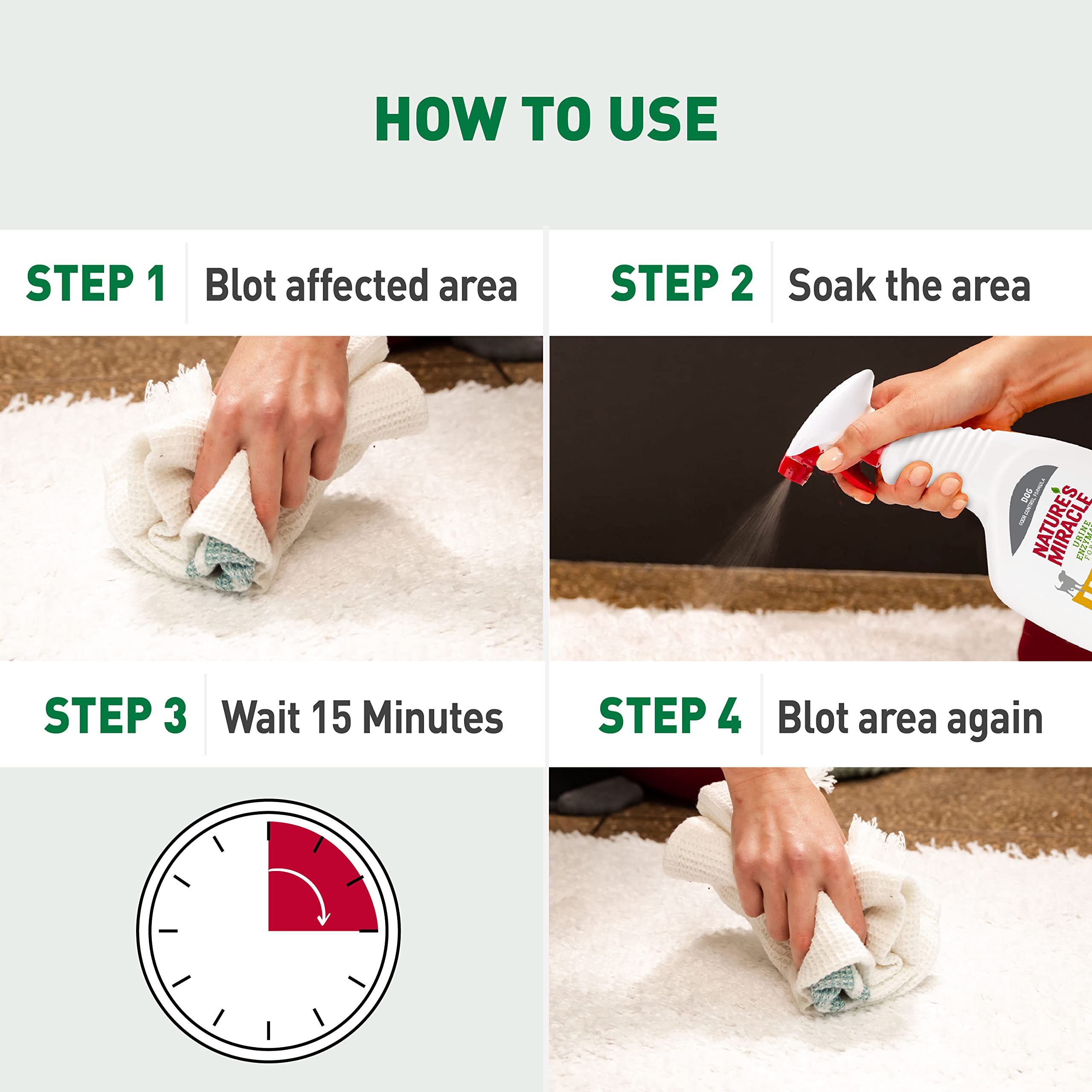 Nature's Miracle on carpet stain with yellow residue removal