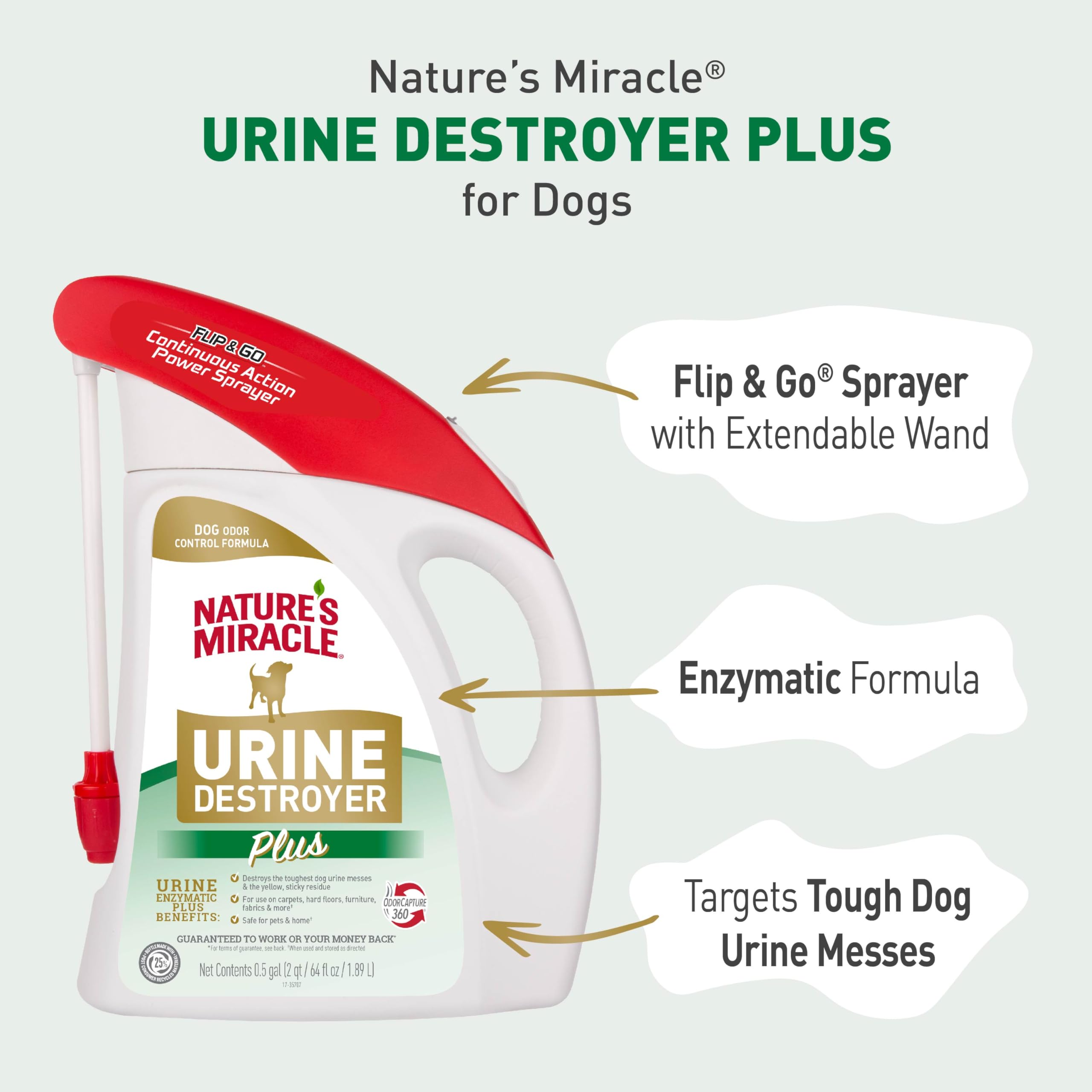 Nature's Miracle enzymatic formula targets dog urine messes on carpets.