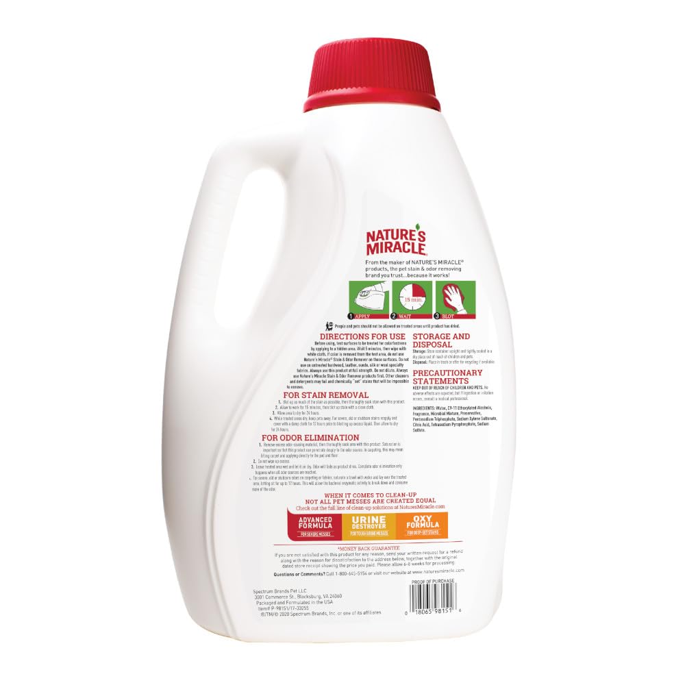 Close-up of Nature's Miracle enzymatic formula label for ongoing stain removal.