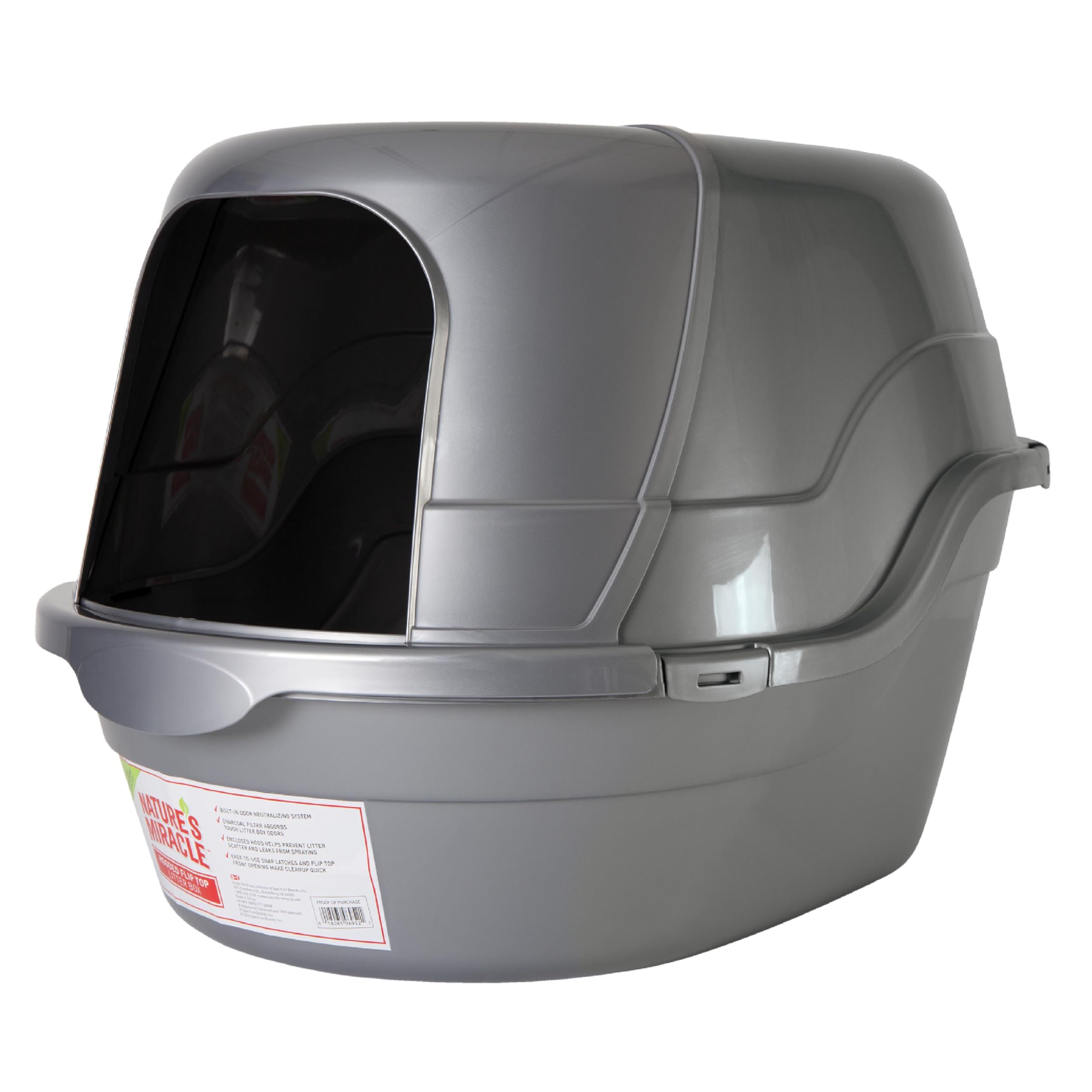 Nature’s Miracle hooded litter box front view with convenient front-entry access for cats.