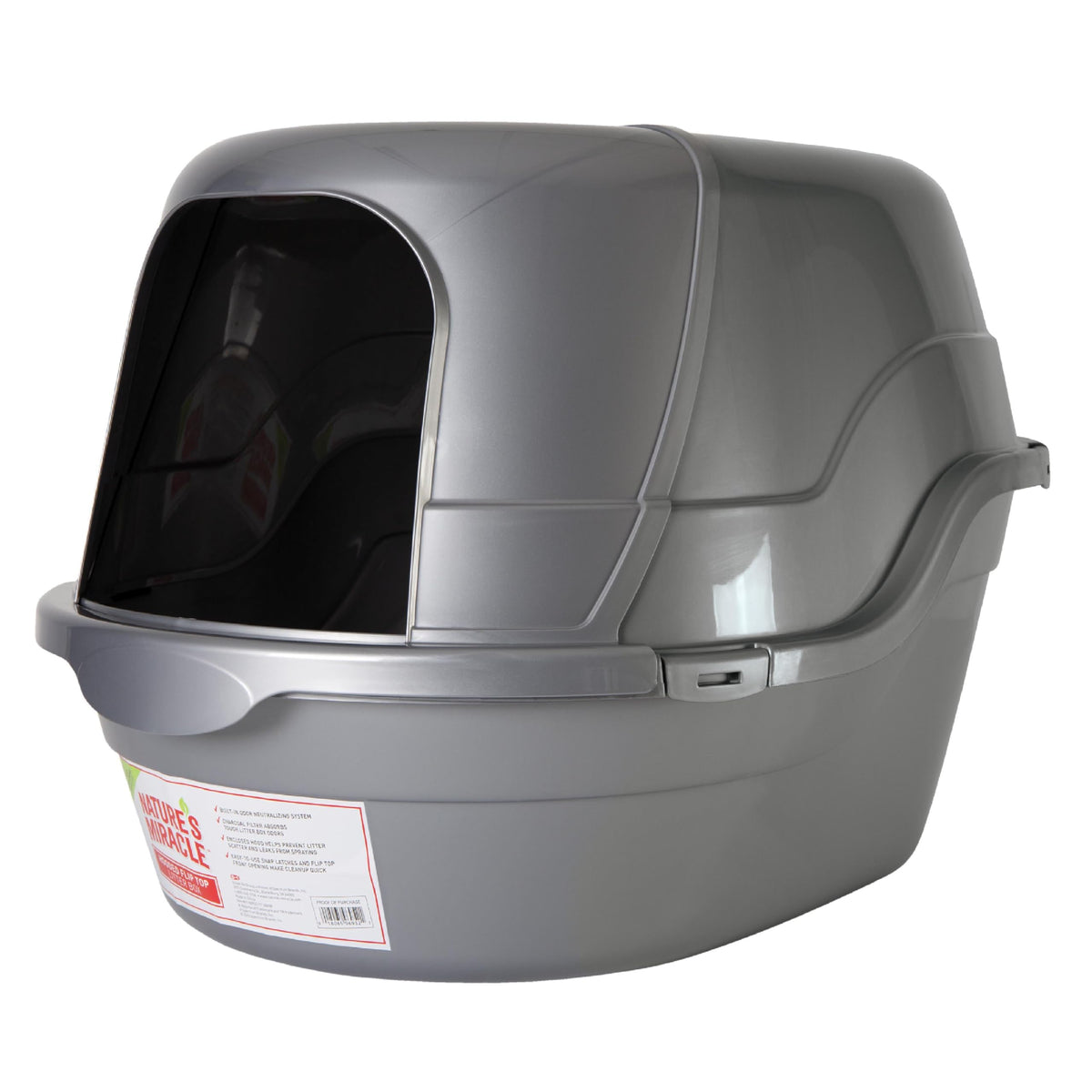 Nature’s Miracle hooded litter box front view with convenient front-entry access for cats.