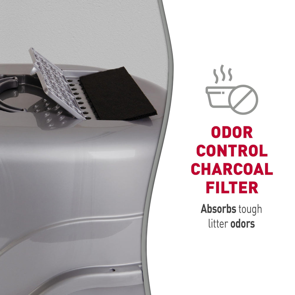 Nature’s Miracle hooded litter box hooded enclosure close-up preventing spray.