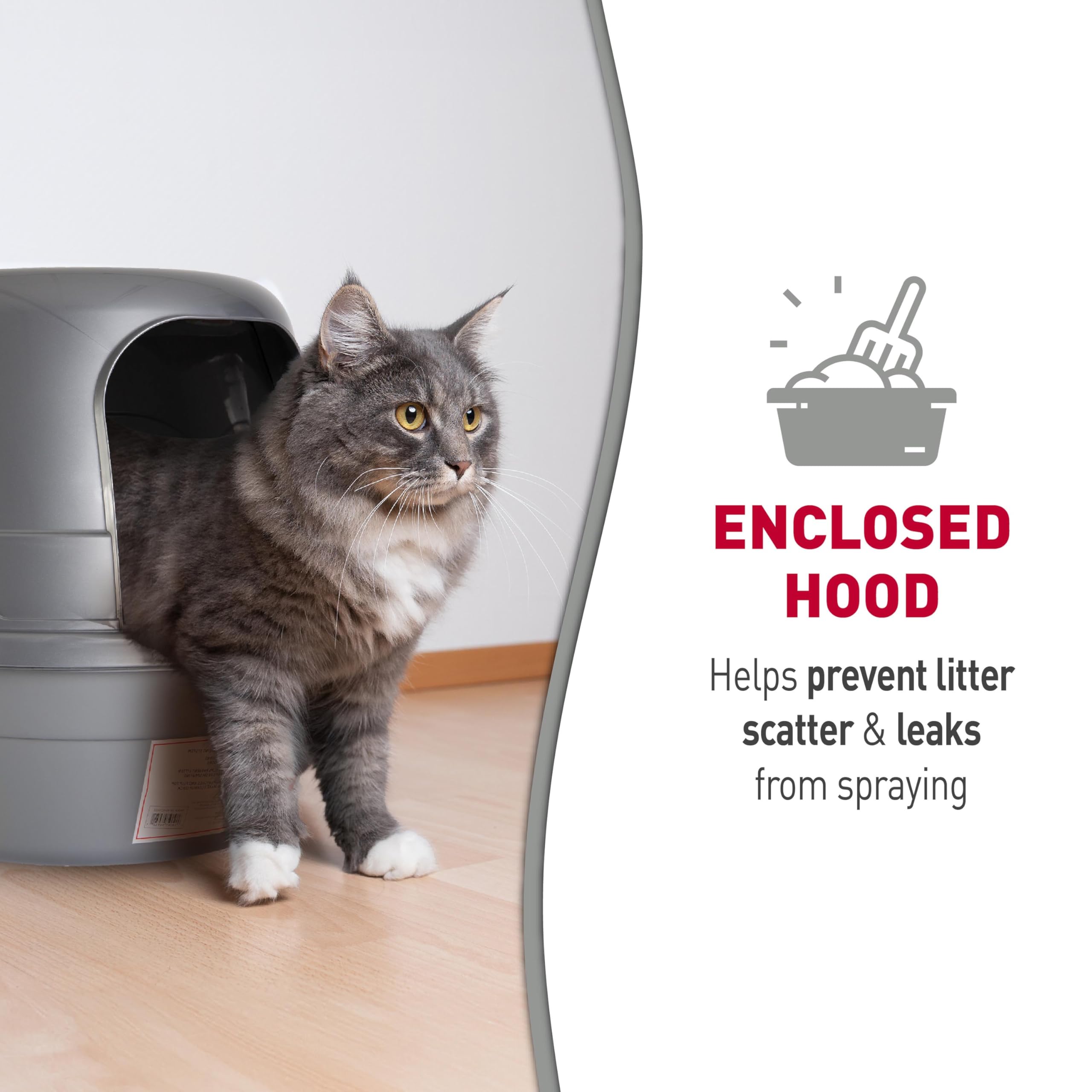 Nature’s Miracle hooded litter box open front for quick cleaning.