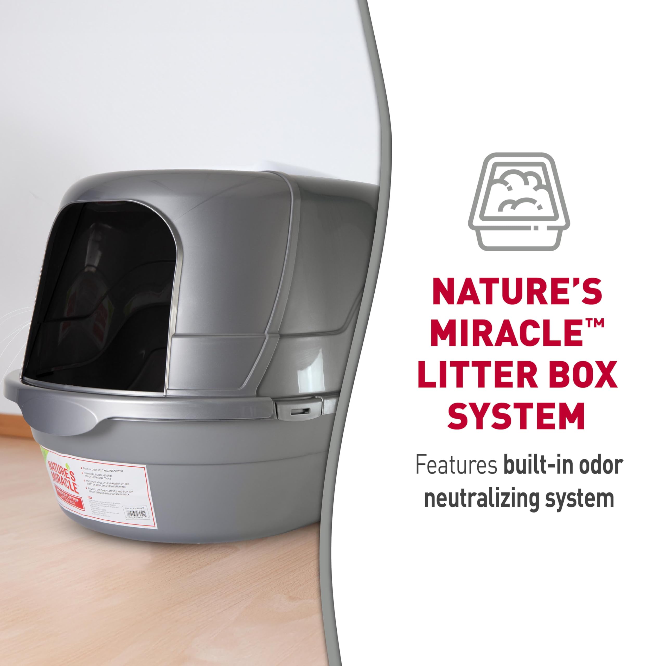 Nature’s Miracle hooded litter box top view highlights built-in odor filter effect.