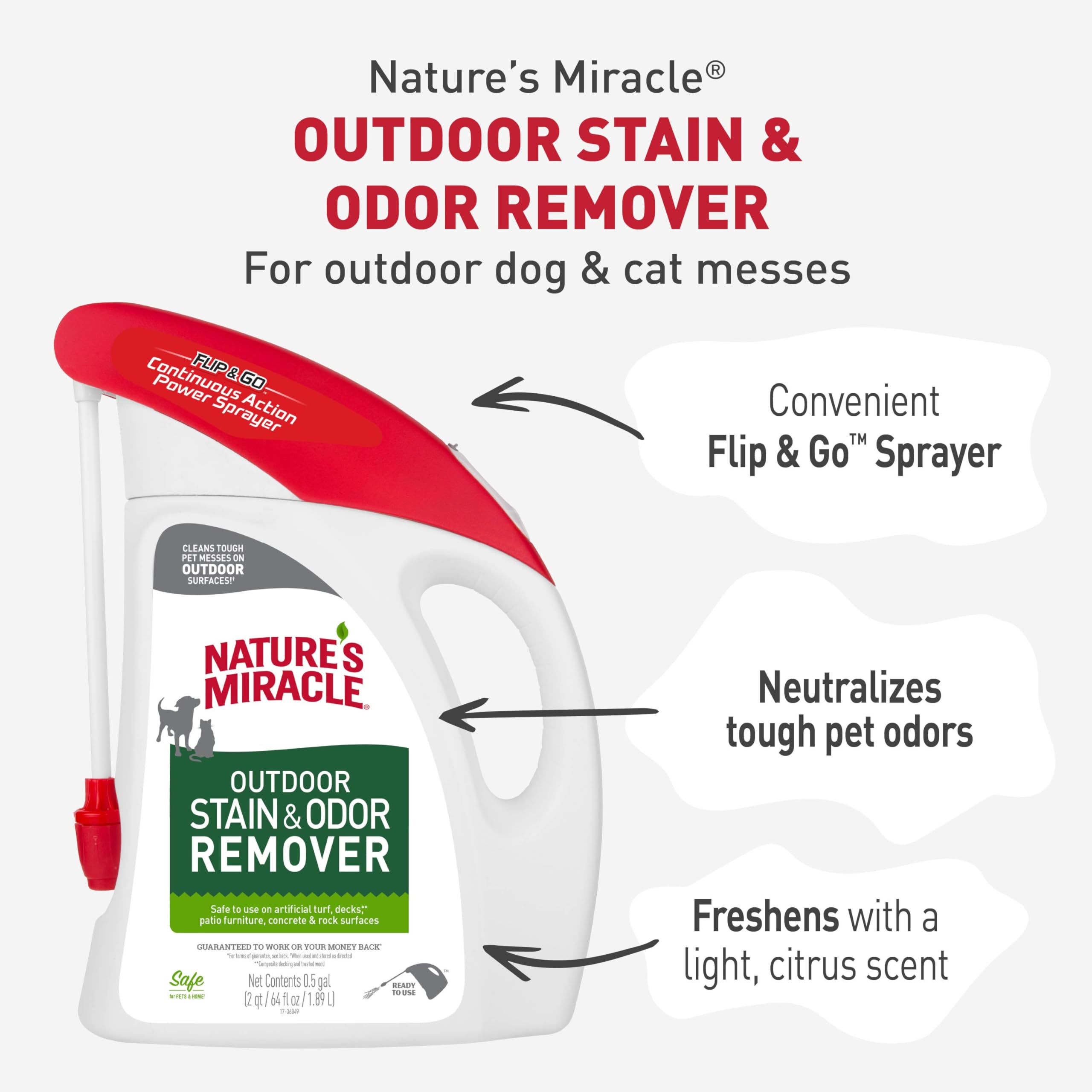 Nature's Miracle Outdoor Stain & Odor Remover sprayer extended for hard-to-reach areas.