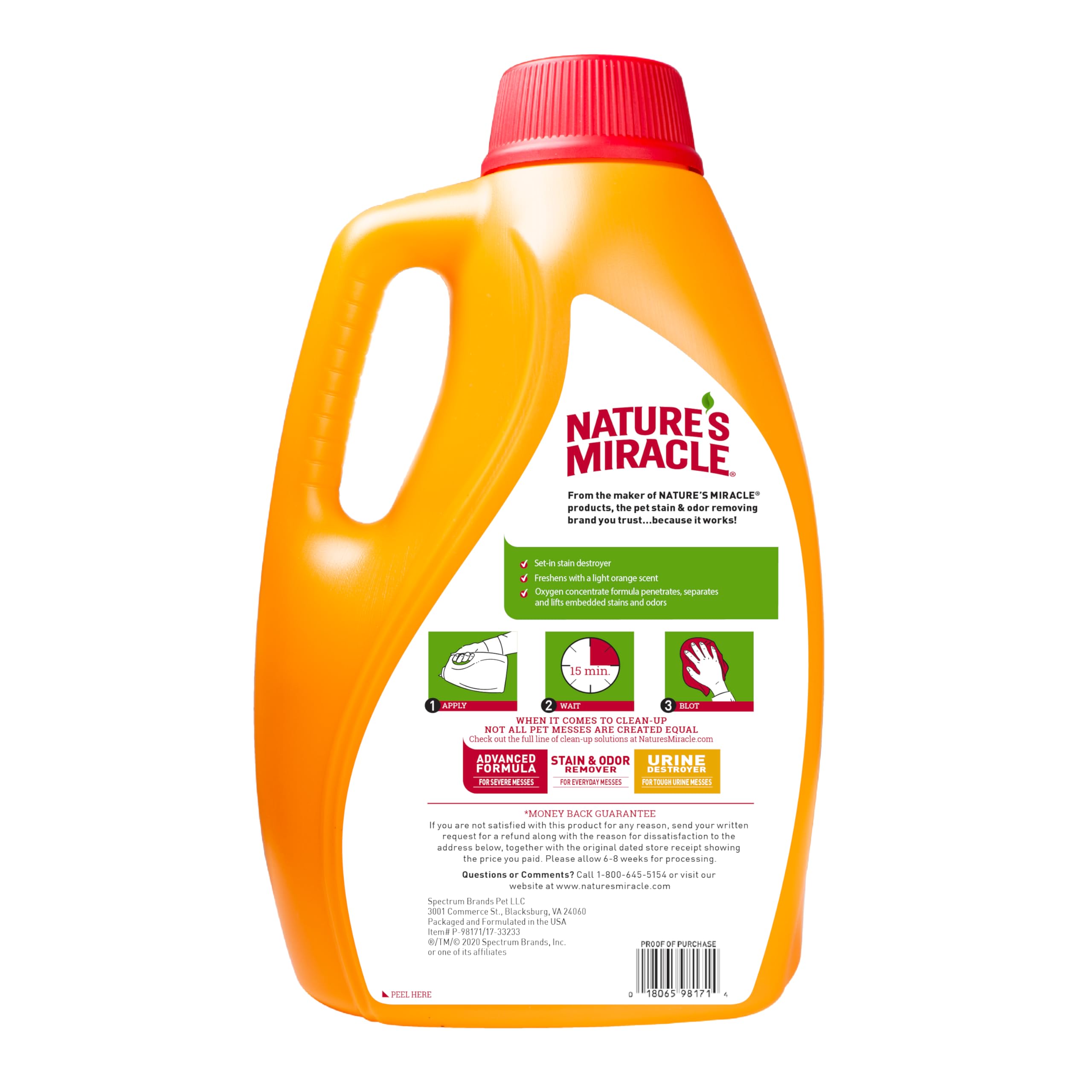 Nature's Miracle Set-In Stain Destroyer label close-up with usage directions and orange scent.