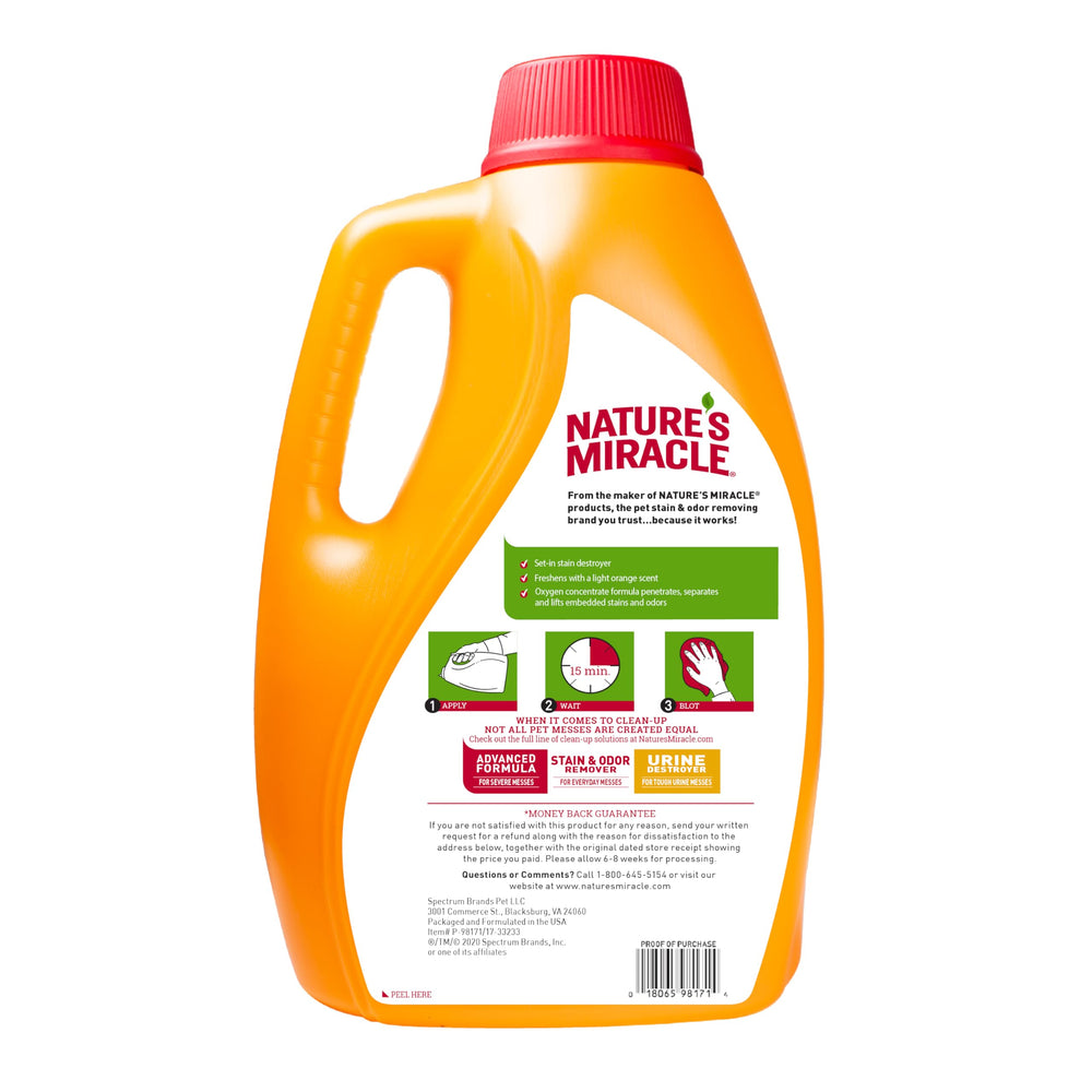 Nature's Miracle Set-In Stain Destroyer label close-up with usage directions and orange scent.