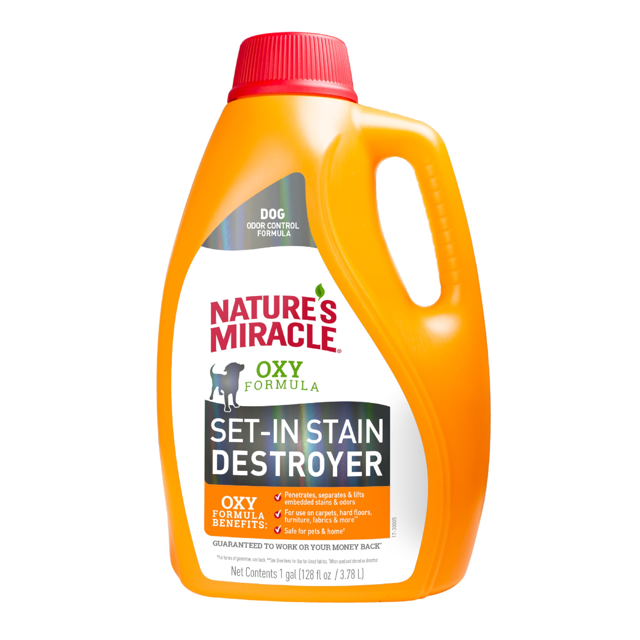 Nature's Miracle Set-In Stain Destroyer pour bottle demonstrates easy application for tough dog stains.
