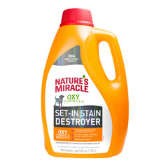 Nature's Miracle Set-In Stain Destroyer pour bottle demonstrates easy application for tough dog stains.