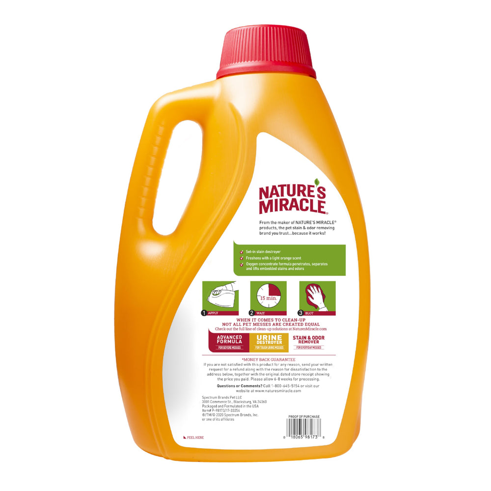 Nature's Miracle Set-In Stain Destroyer pour action demonstrating oxygen-powered cleaning.