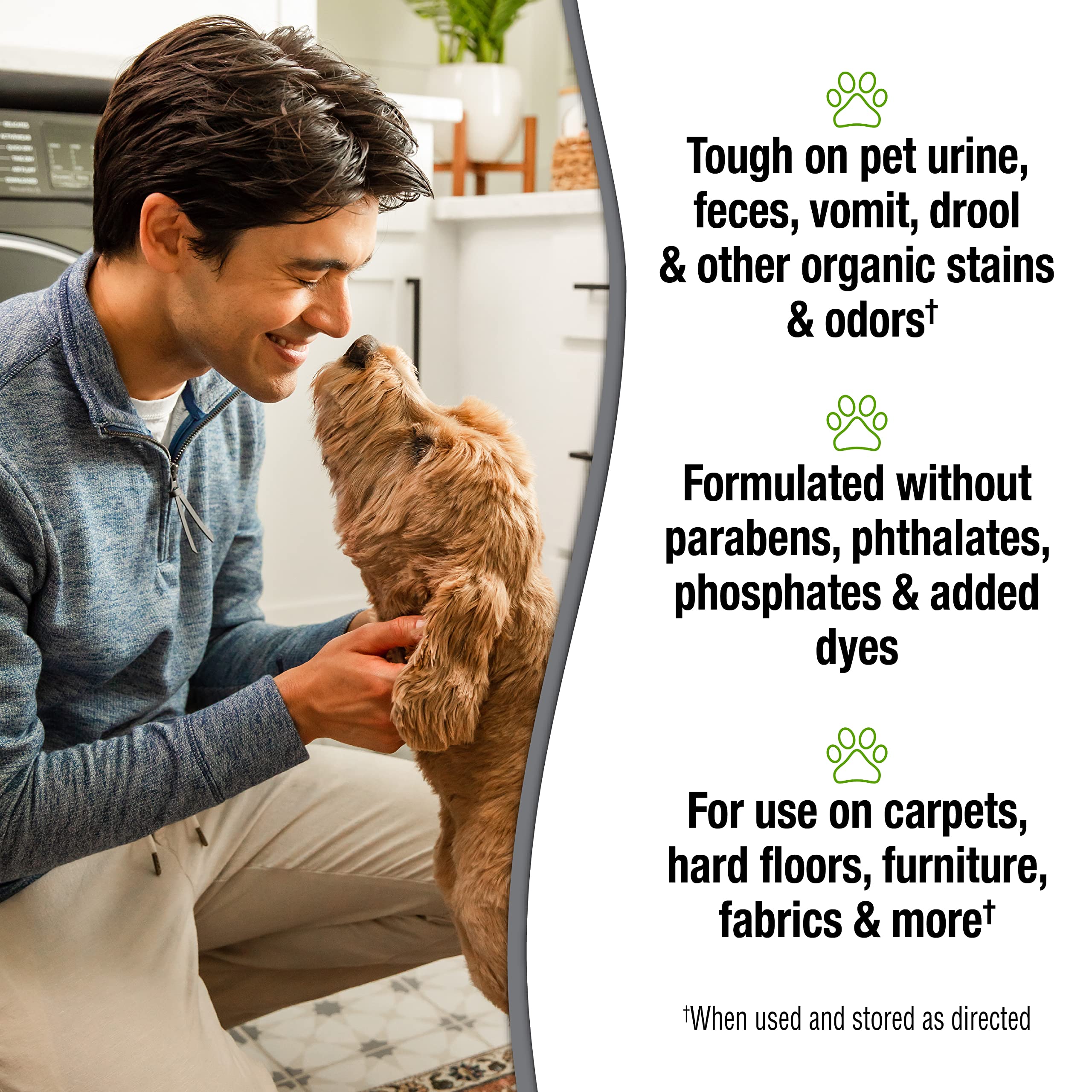 Nature's Miracle Simply carpet clean illustrates stain removal on soft fibers.