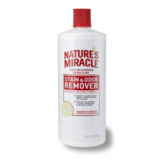 Nature's Miracle Stain & Odor Remover pour bottle targets stains on carpets.