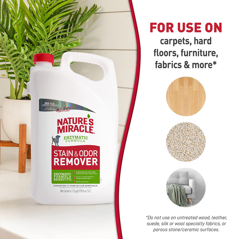 Nature’s Miracle Stain & Odor Remover bottle with dog urine stain example