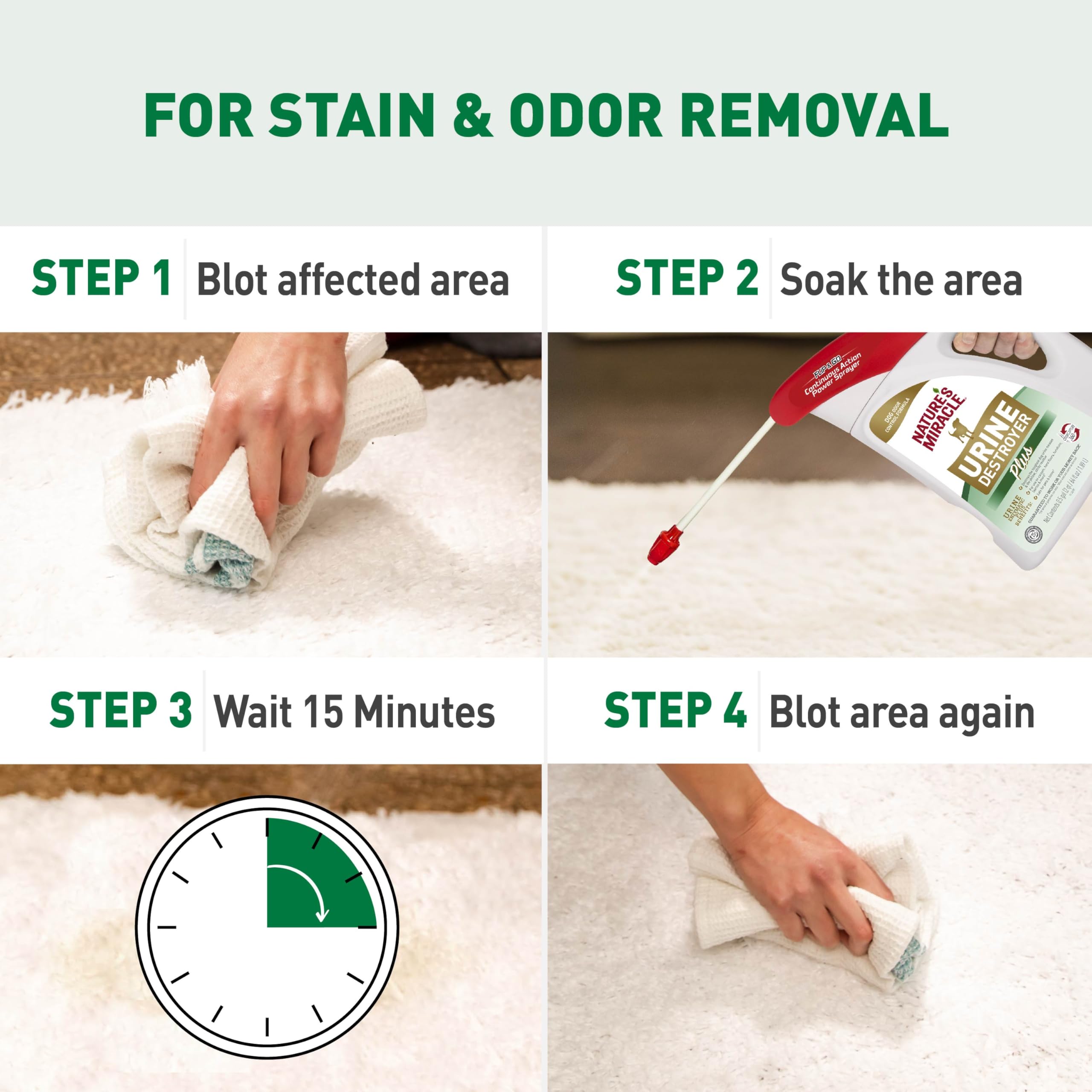 Nature's Miracle powers out tough odors and yellow residues.