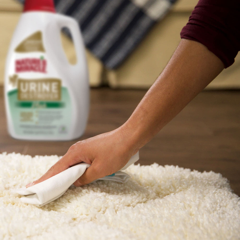 Nature's Miracle Urine Destroyer Plus fabrics — cleans upholstery and fabrics without harsh residues.
