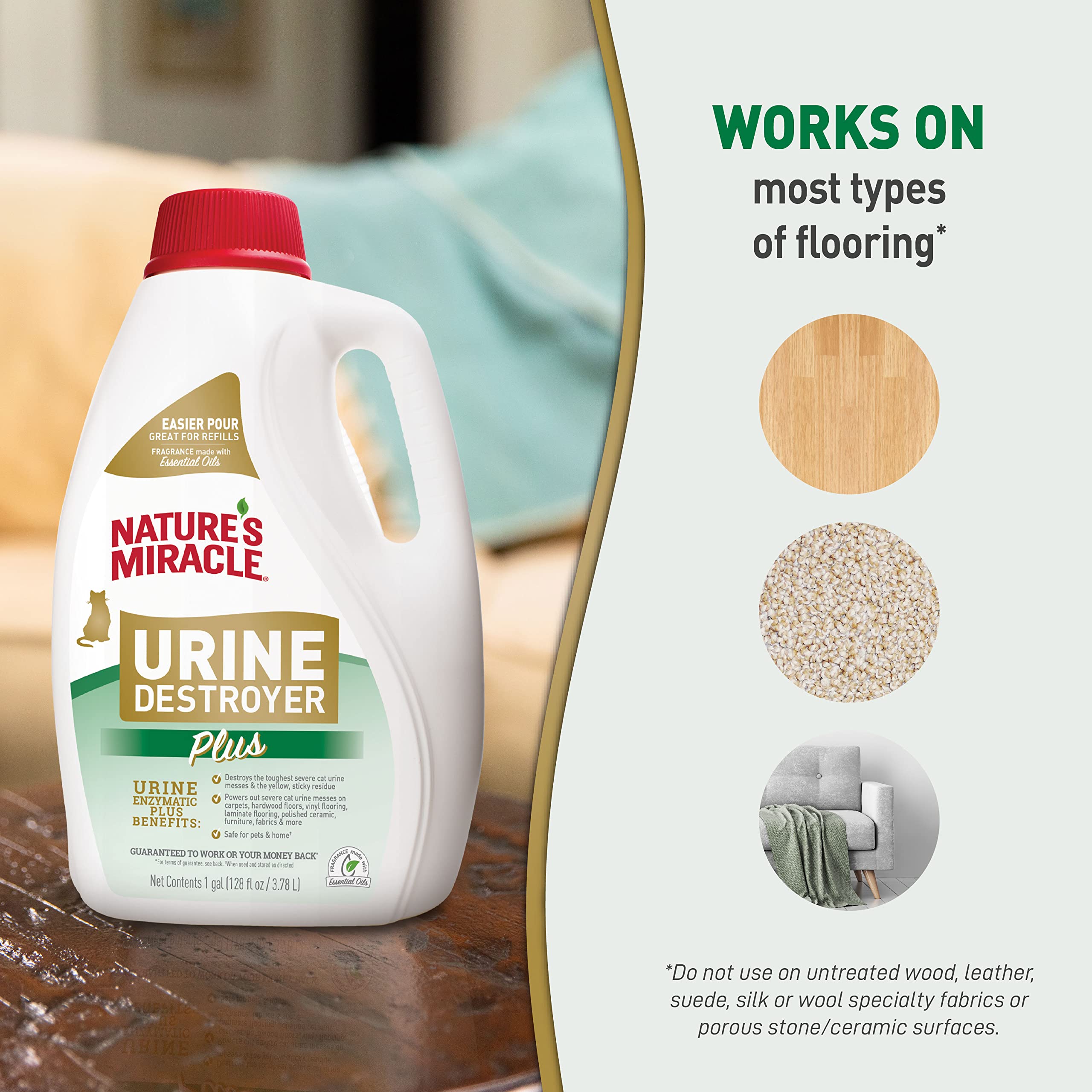 Nature’s Miracle Urine Destroyer Plus fragrance from essential oils leaves a fresh scent.