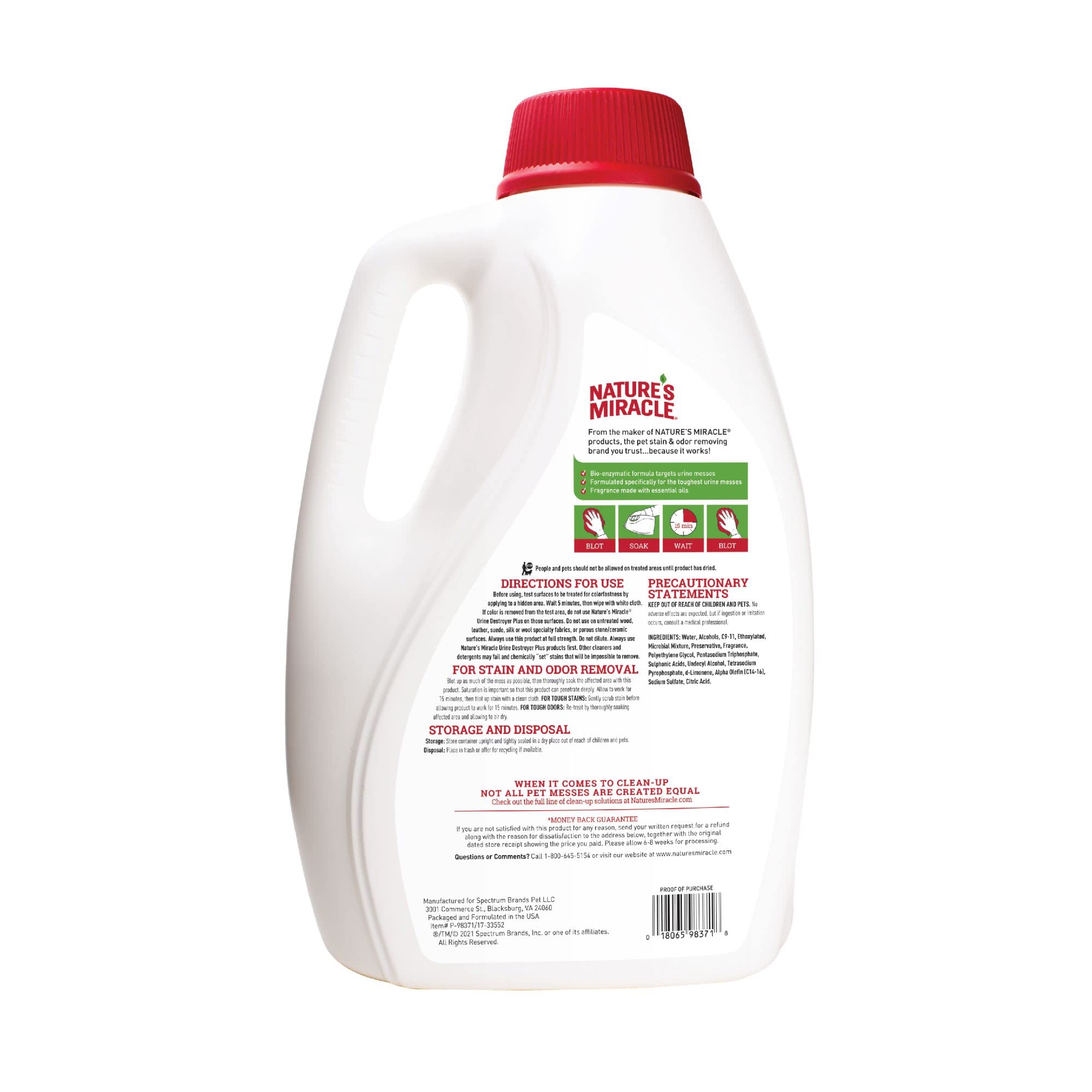 Nature's Miracle Urine Destroyer Plus label — clear directions for enzymatic urine removal.