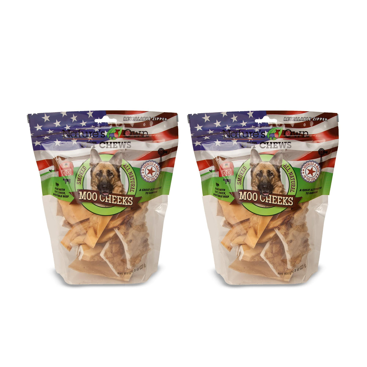 Nature's Own Pet Chews Moo Moo Cheeks 8 oz bag for lasting chew time.