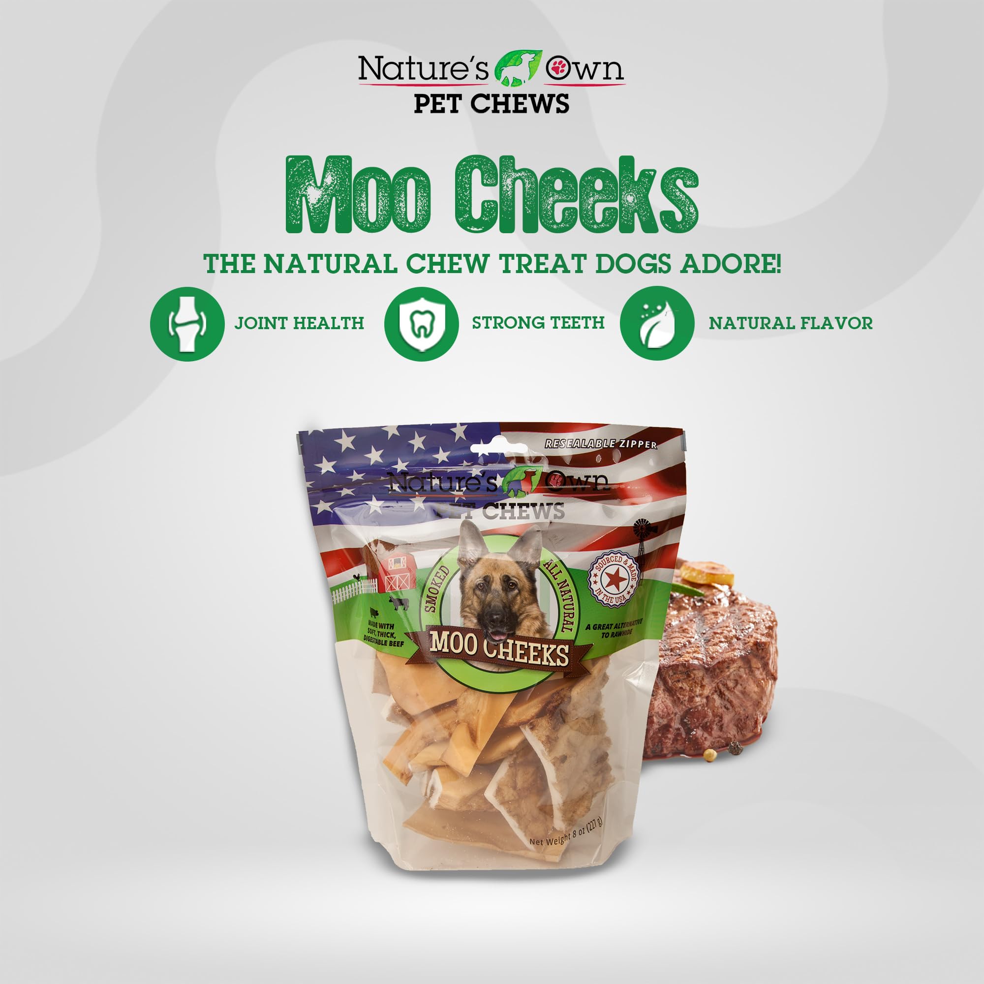 Nature's Own Moo Moo Chews soft-digestible beef pieces for easy chewing.