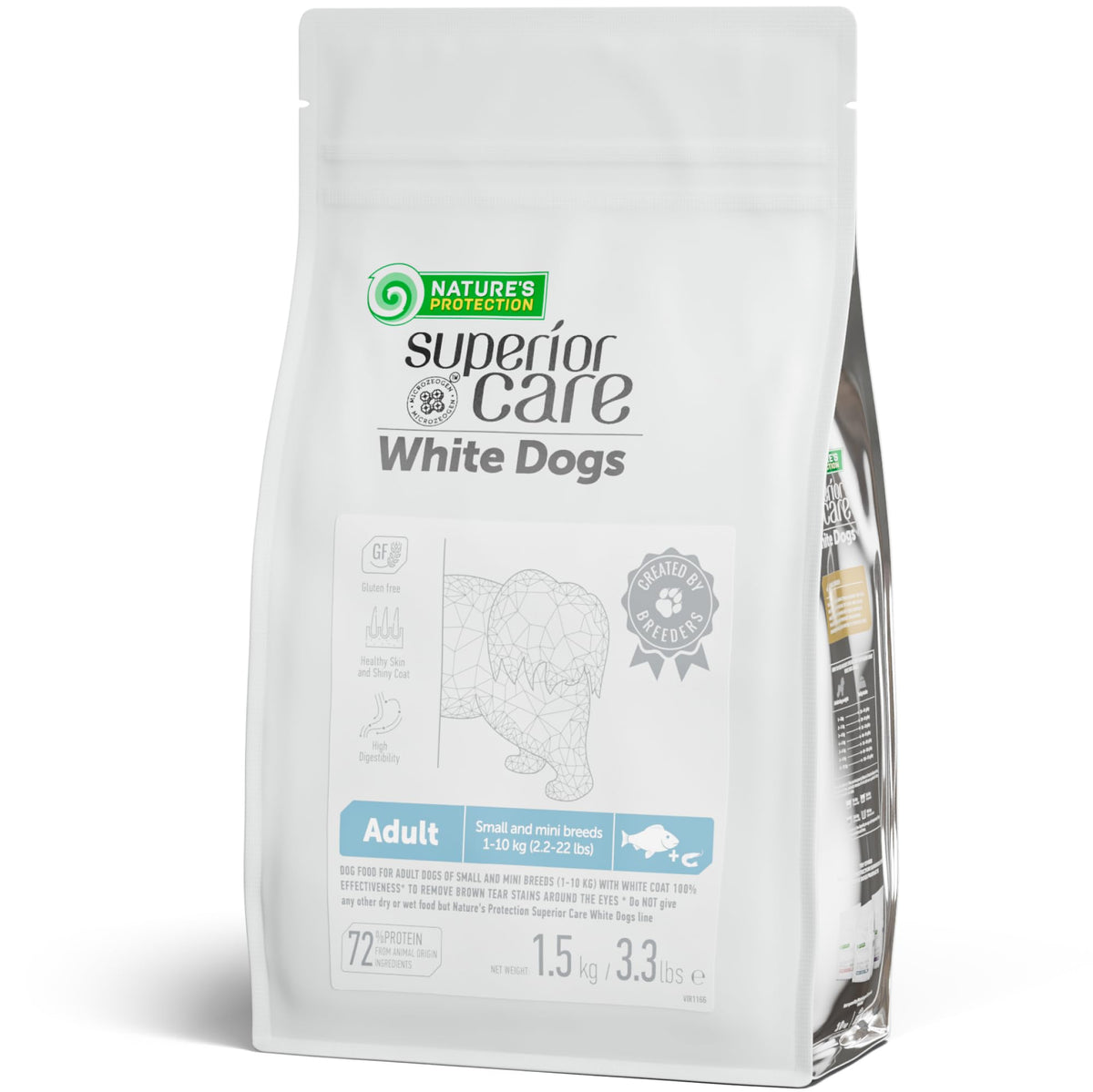Nature's Protection small-breed dry dog food bag supports white coat health.