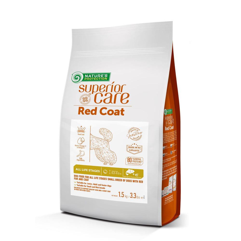 Nature's Protection small-breed salmon kibble supports energy and coat health.