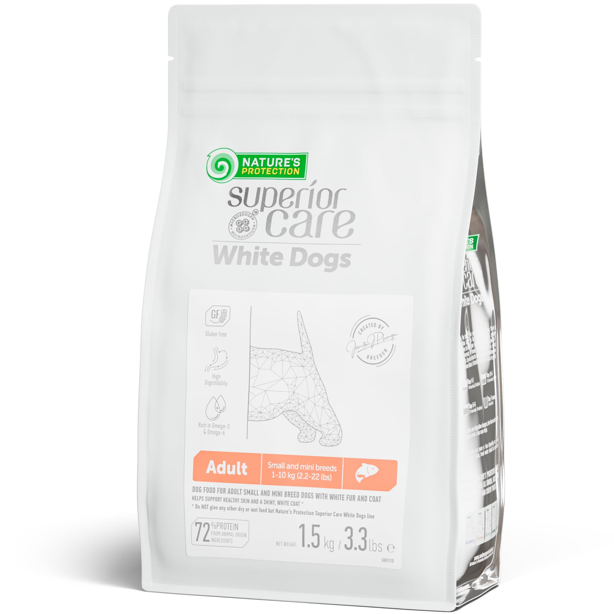 Nature's Protection Superior Care Salmon small-breed kibble packaging highlights grain-free formula for sensitive coats.