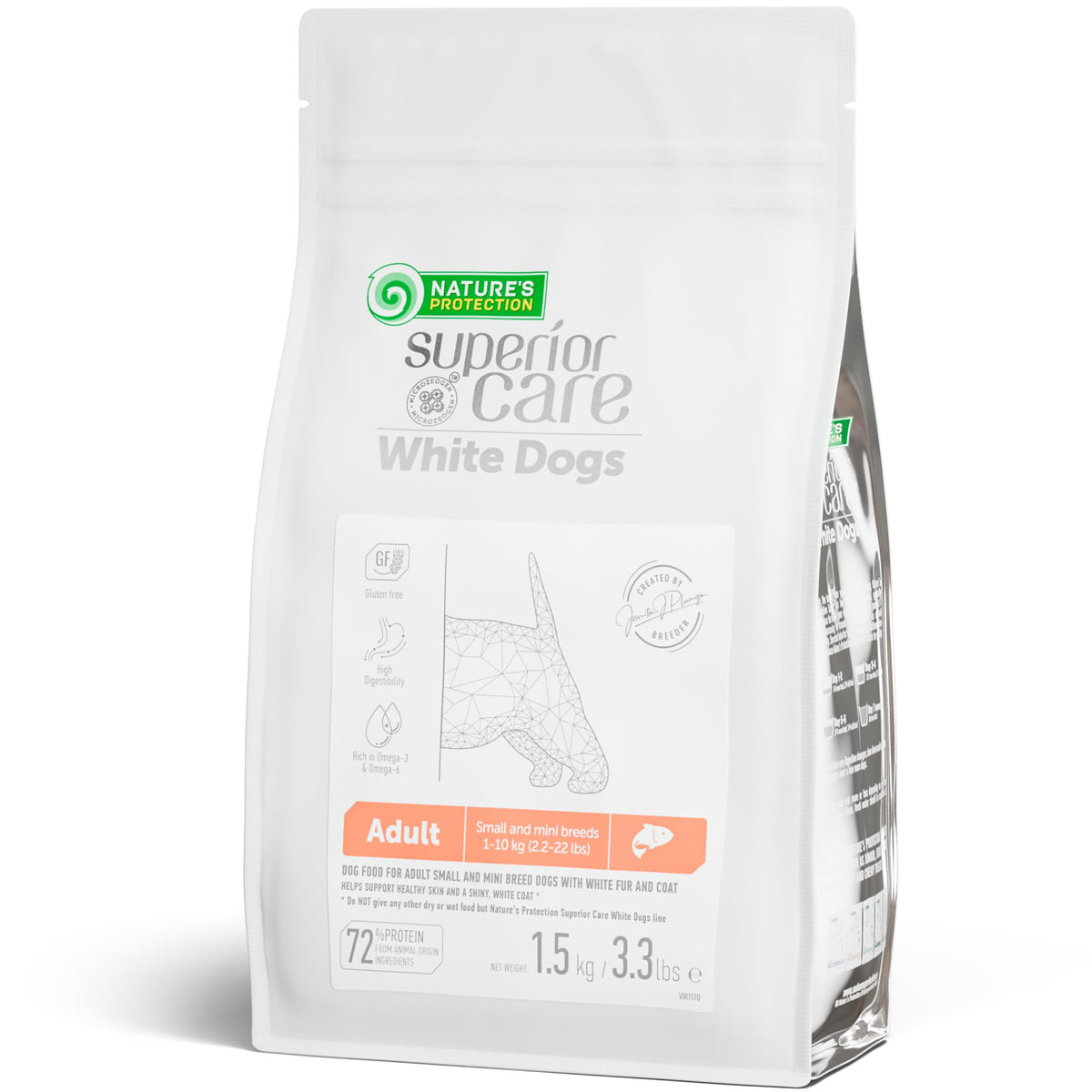 Nature's Protection Superior Care Salmon small-breed kibble packaging highlights grain-free formula for sensitive coats.