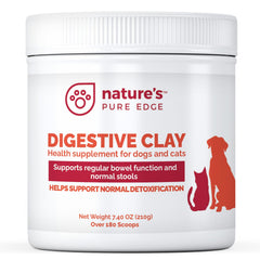 Nature's Pure Edge clay powder bottle pour supports gentle digestive balance for dogs and cats.