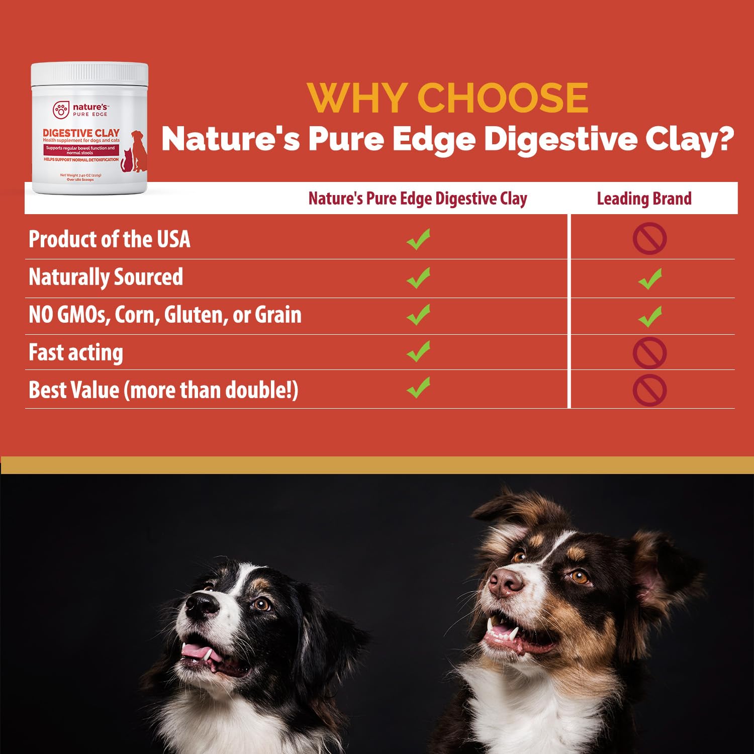 Nature's Pure Edge clay powder scoop shows precise dosing for pets' digestive support.