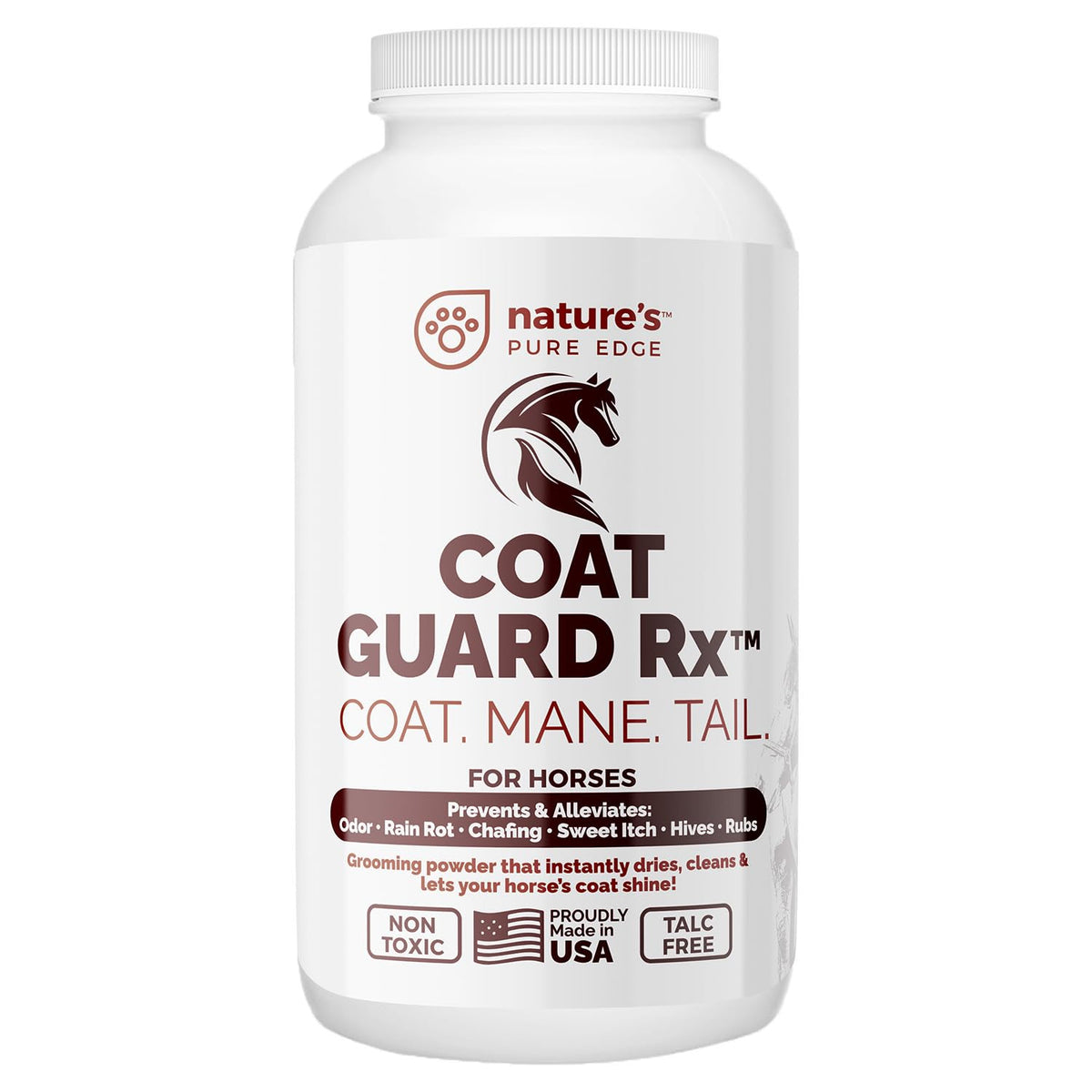 Nature's Pure Edge Coat Guard Rx powder bottle keeps the coat dry and fresh.