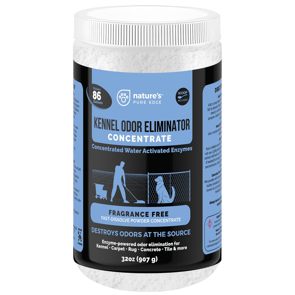 Nature's Pure Edge enzyme powder bag ready for mixing, fragrance-free odor elimination for pets.