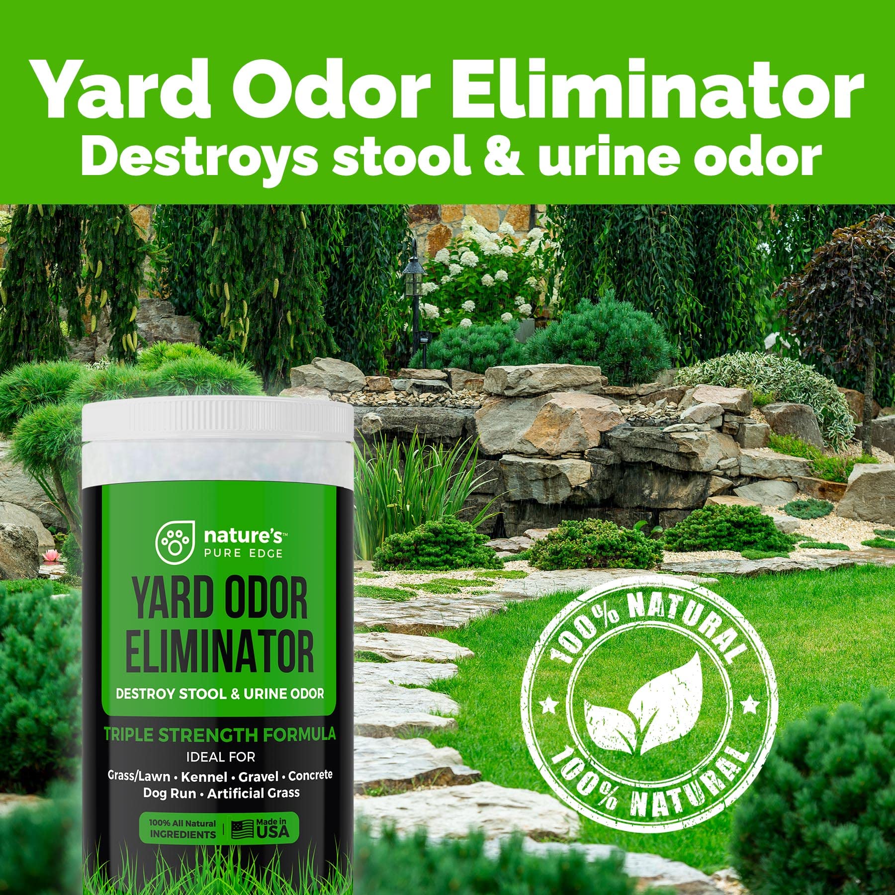 Nature's Pure Edge kennel odor eliminator keeps dog runs fresh.