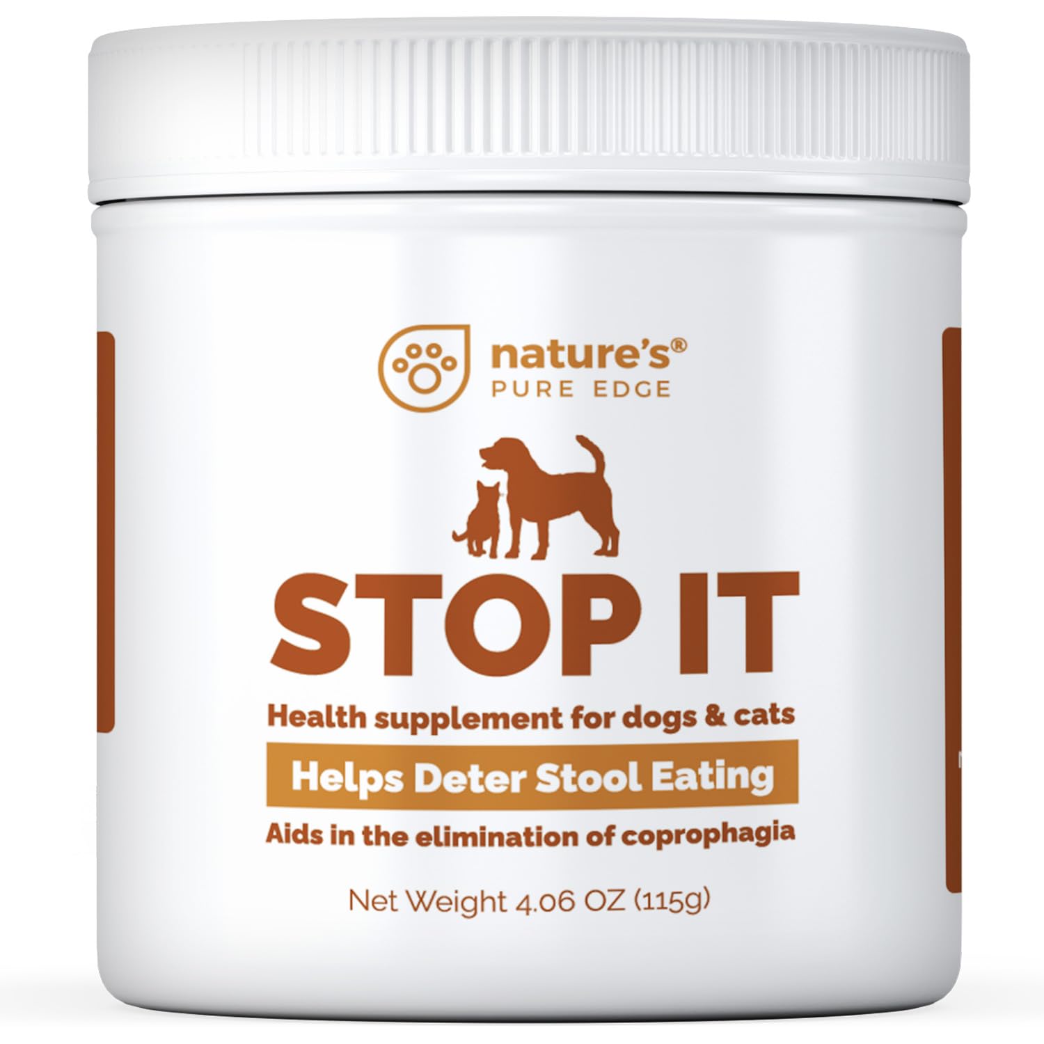 Nature's Pure Edge No Poop Eating bottle label shows simple daily dosing.