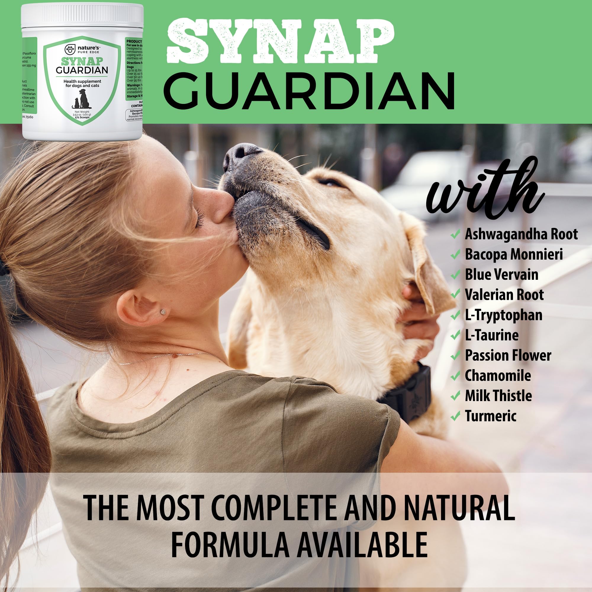 Calm dog resting near the Synap Guardian bottle