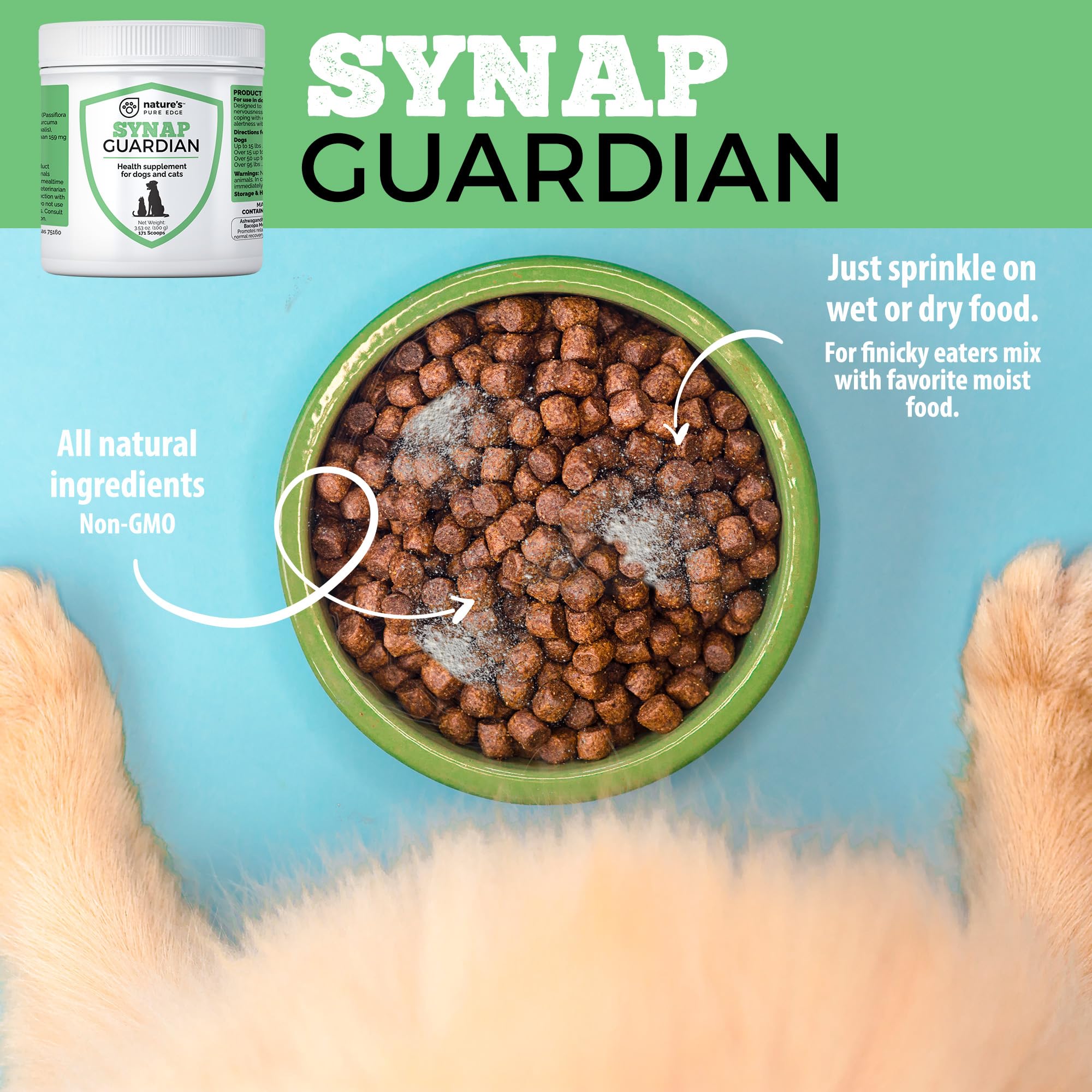 Dosing scoop beside Synap Guardian bottle for easy daily use