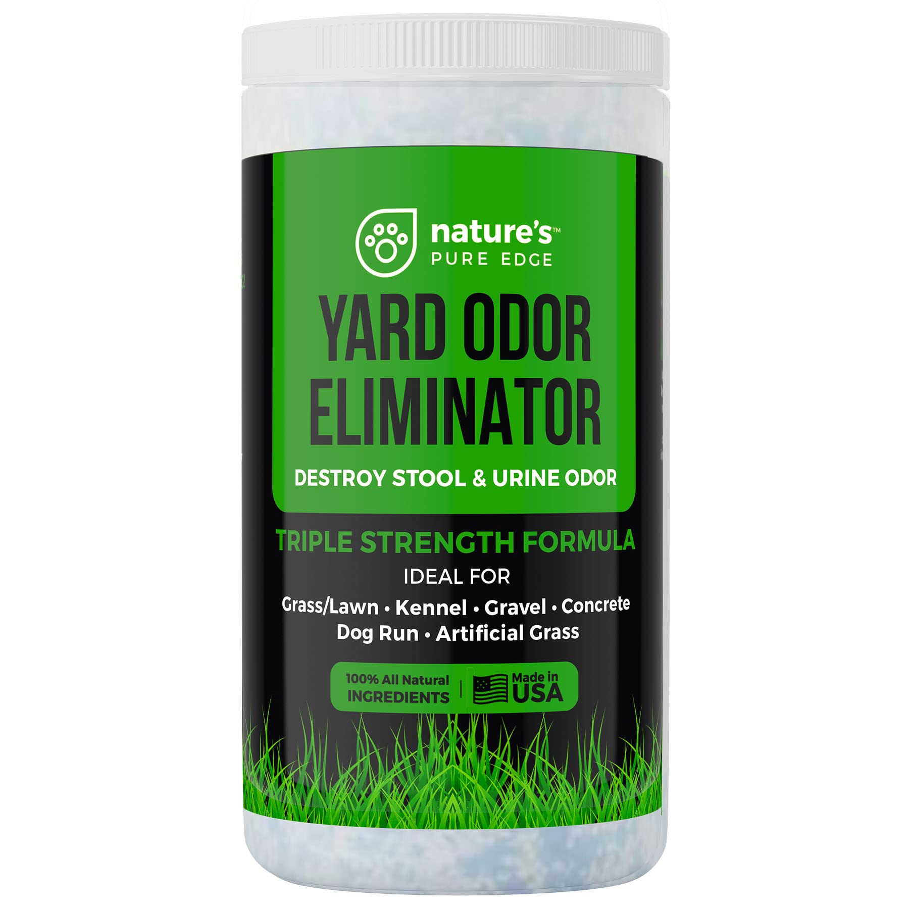 Nature's Pure Edge Yard Odor Eliminator bottle shown, delivering outdoor odor control for yards.