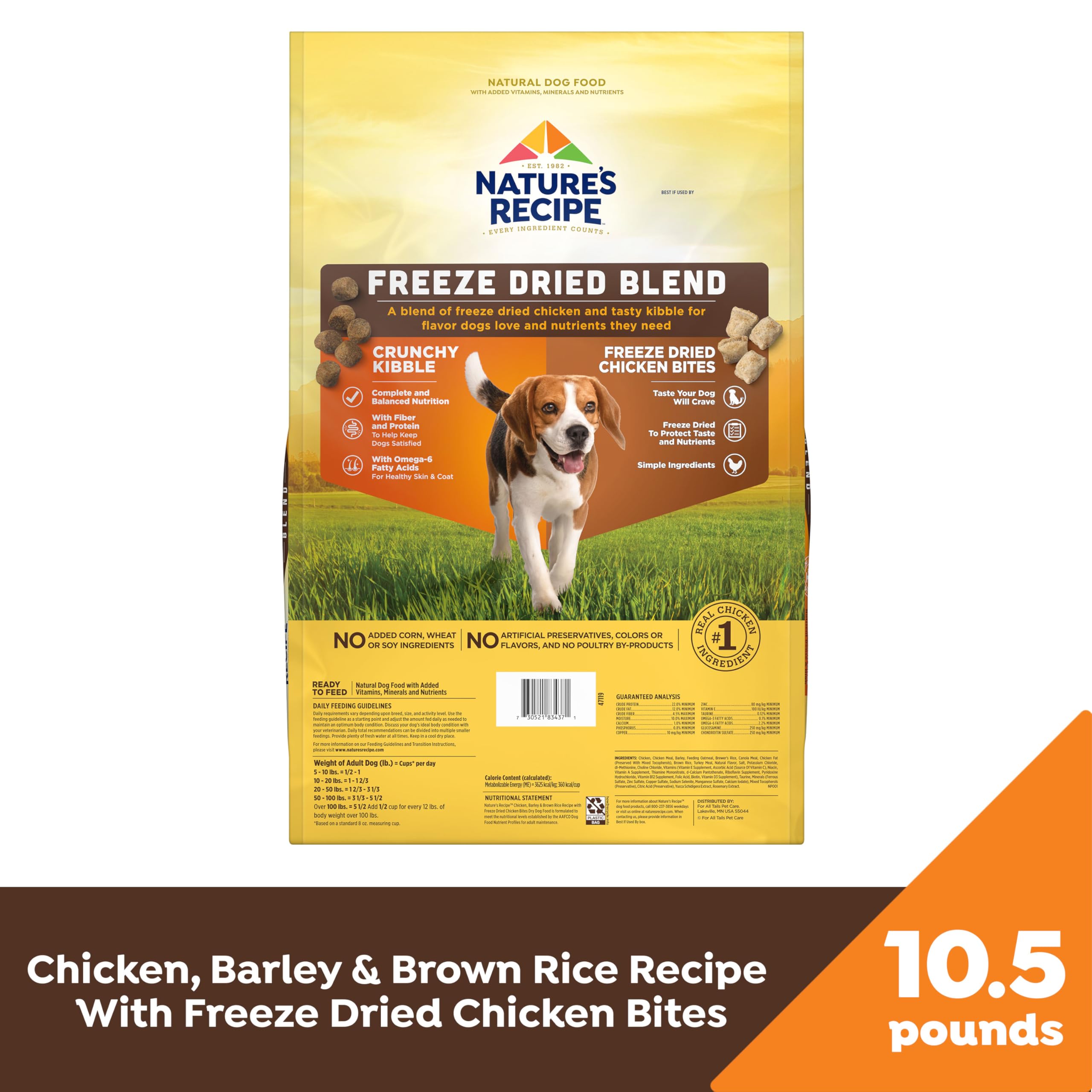 Nature's Recipe chicken barley brown rice bowl shows balanced nutrition for adult dogs.