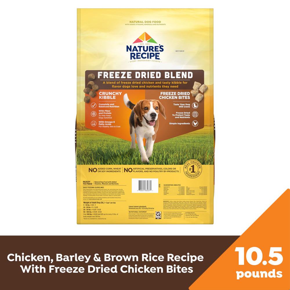 Nature's Recipe chicken barley brown rice bowl shows balanced nutrition for adult dogs.