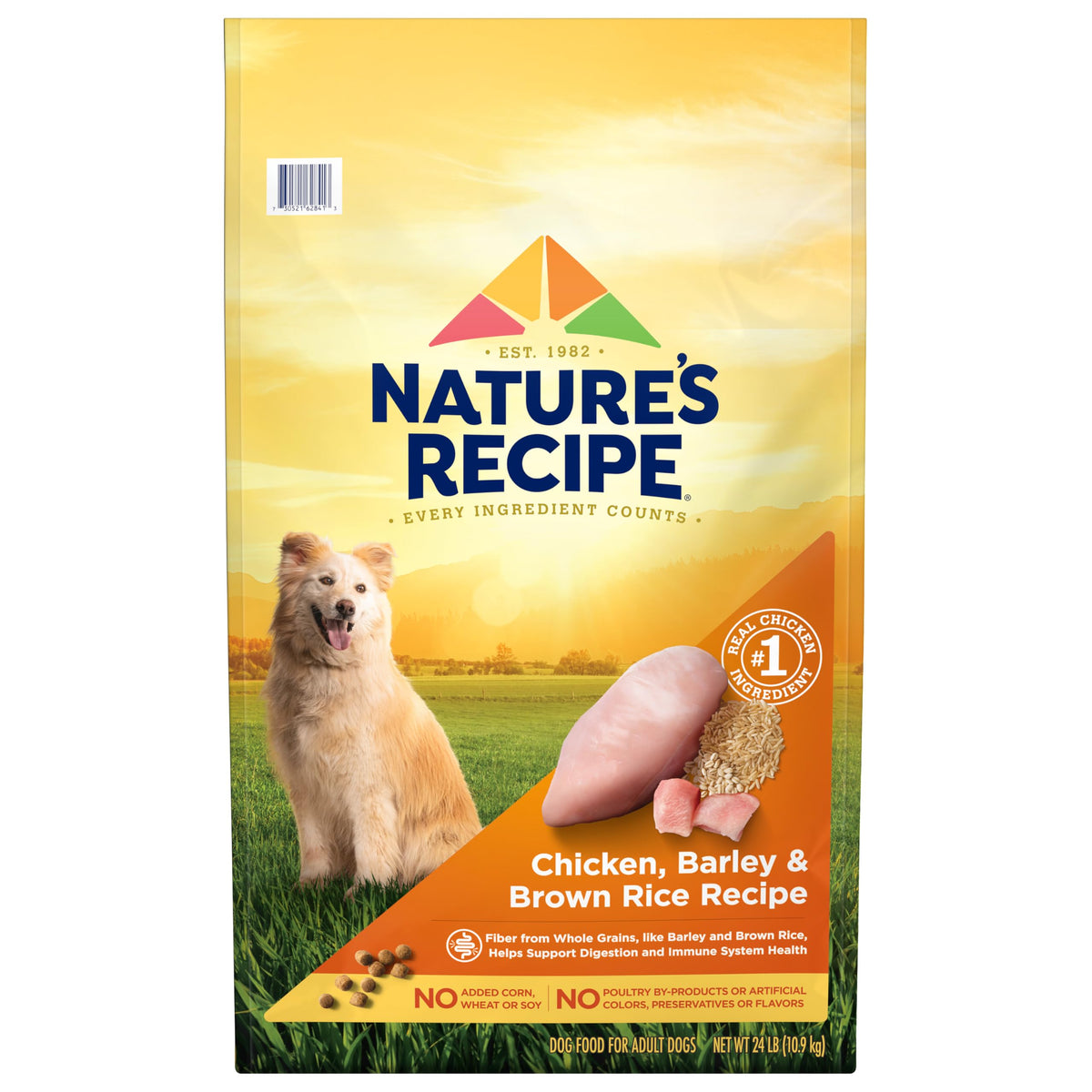 Nature's Recipe chicken-barley-brown-rice kibble in a 24 lb bag for adult dogs