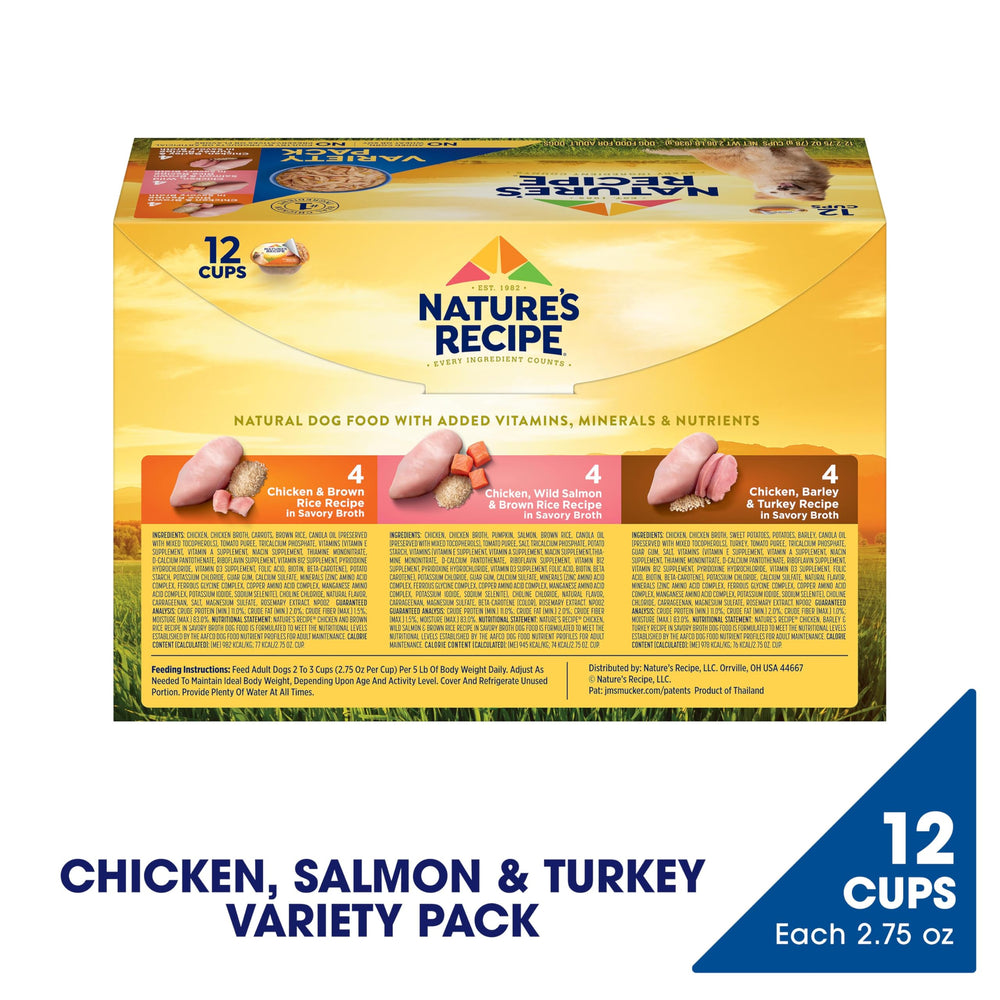Nature's Recipe chicken barley turkey cup close-up emphasizes protein variety for meals