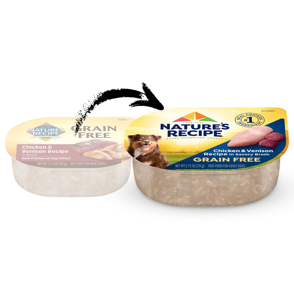 Nature's Recipe chicken-venison cups highlight real protein for adult dogs.