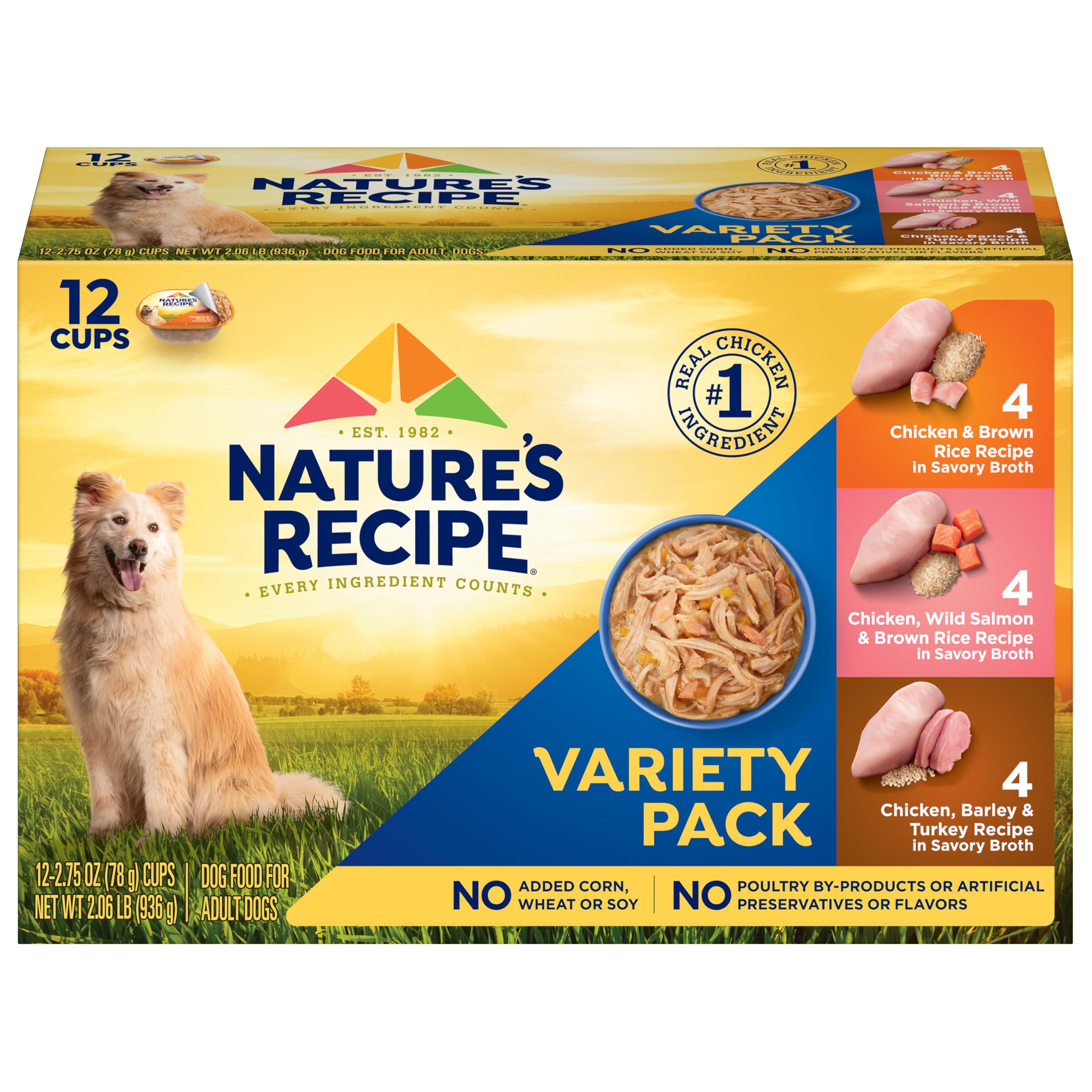 Nature's Recipe chicken, wild salmon and brown rice cup scene highlights Savory Broth appeal