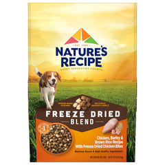 Nature's Recipe freeze-dried chicken bag closeup highlights real chicken flavor for active dogs.