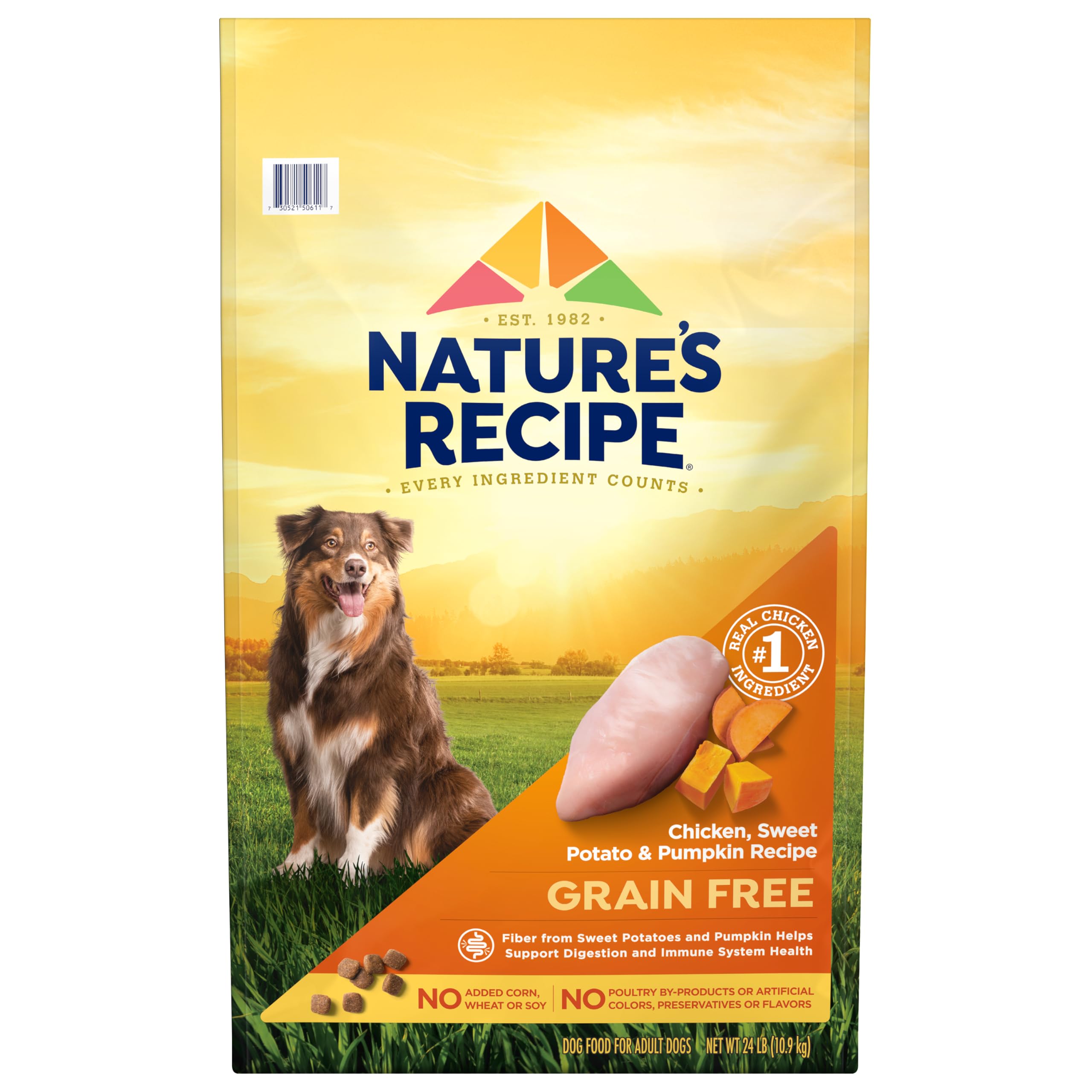 Nature's Recipe grain free chicken dog food bag front label suitable for adult dogs.