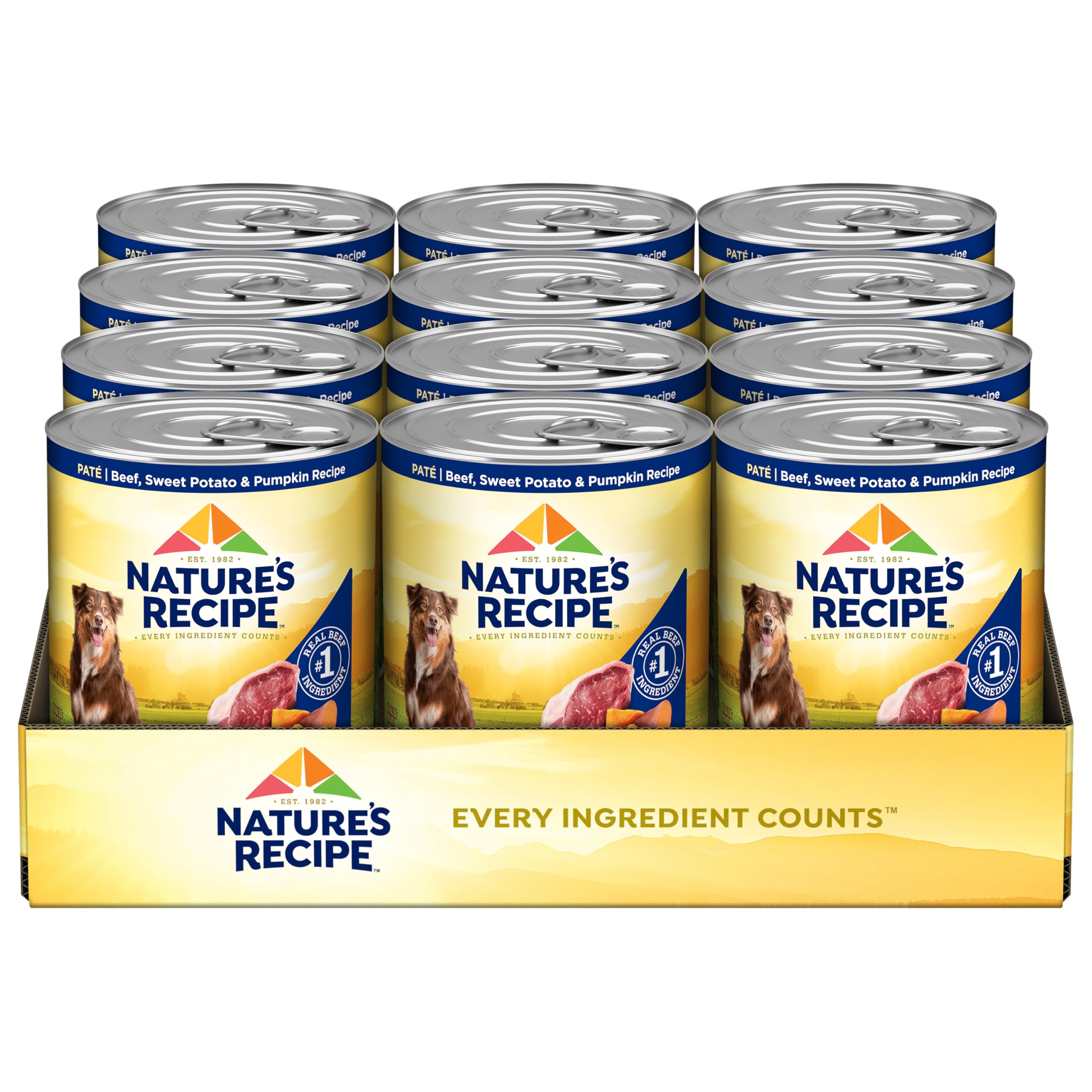 Nature's Recipe grain-free beef wet dog food, 12-pack cans, ideal for sensitive tummies