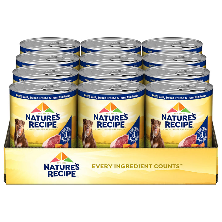 Nature's Recipe grain-free beef wet dog food, 12-pack cans, ideal for sensitive tummies