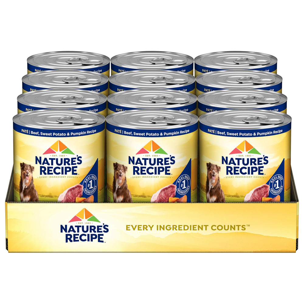 Nature's Recipe grain-free beef wet dog food, 12-pack cans, ideal for sensitive tummies